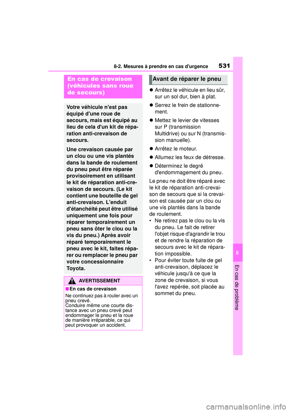 TOYOTA COROLLA HATCHBACK 2019 Manuel du propriétaire (in French) 5318-2. Mesures à prendre en cas durgence
COROLLA_HB_OM_(D)
8
En cas de problème
Arrêtez le véhicule en lieu sûr,
sur un sol dur, bien à plat.
Serrez le frein de stationne-
ment.
M TOYOTA COROLLA HATCHBACK 2019 Manuel du propriétaire (in French) 5318-2. Mesures à prendre en cas durgence
COROLLA_HB_OM_(D)
8
En cas de problème
Arrêtez le véhicule en lieu sûr,
sur un sol dur, bien à plat.
Serrez le frein de stationne-
ment.
M