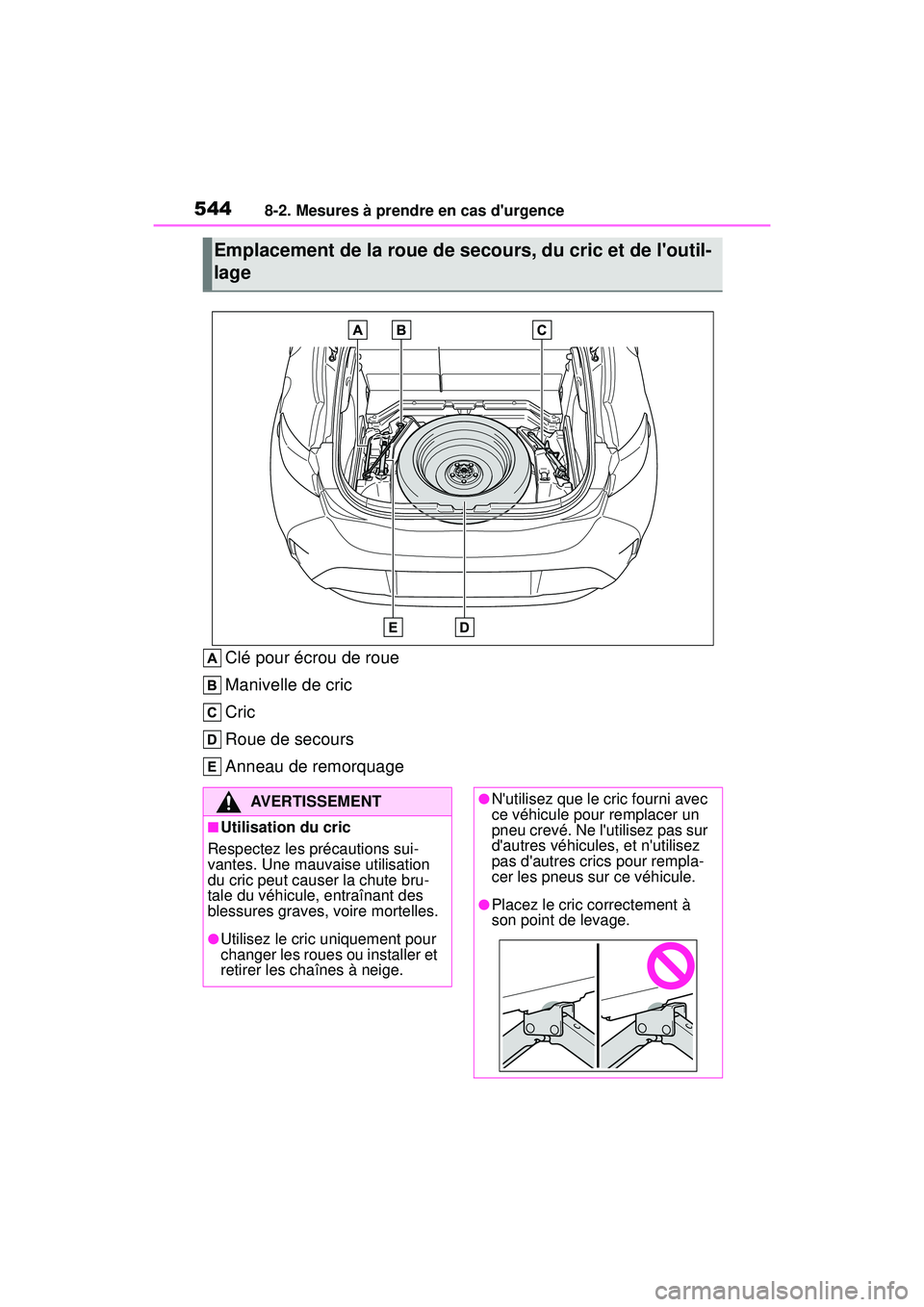 TOYOTA COROLLA HATCHBACK 2019 Manuel du propriétaire (in French) 5448-2. Mesures à prendre en cas durgence
COROLLA_HB_OM_(D)
Clé pour écrou de roue
Manivelle de cric
Cric
Roue de secours
Anneau de remorquage
Emplacement de la roue de secours, du cric et de lou TOYOTA COROLLA HATCHBACK 2019 Manuel du propriétaire (in French) 5448-2. Mesures à prendre en cas durgence
COROLLA_HB_OM_(D)
Clé pour écrou de roue
Manivelle de cric
Cric
Roue de secours
Anneau de remorquage
Emplacement de la roue de secours, du cric et de lou