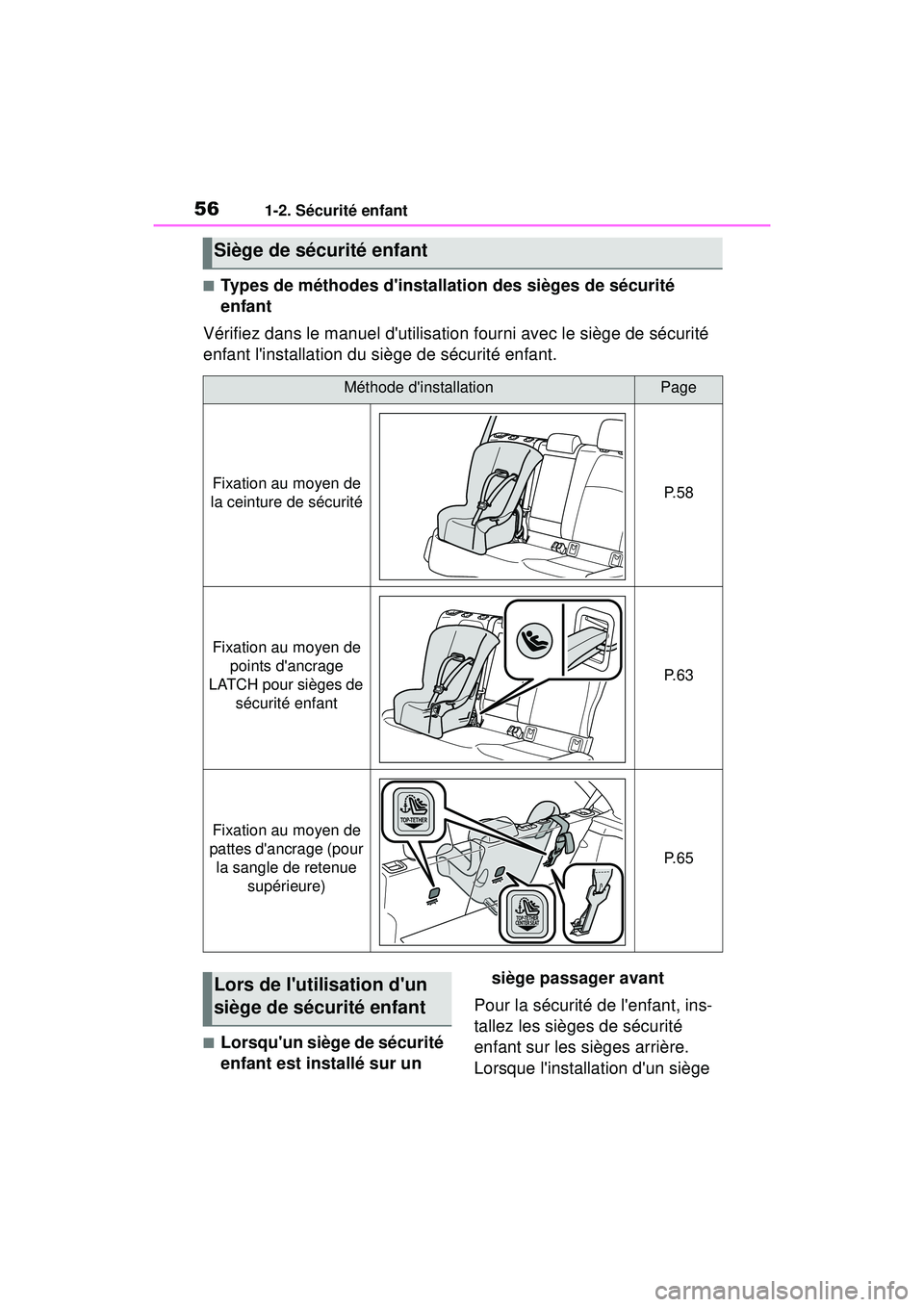 TOYOTA COROLLA HATCHBACK 2019 Manuel du propriétaire (in French) 561-2. Sécurité enfant
COROLLA_HB_OM_(D)
■Types de méthodes dinstallation des sièges de sécurité
enfant
Vérifiez dans le manuel dutilisation fourni avec le siège de sécurité
enfant li TOYOTA COROLLA HATCHBACK 2019 Manuel du propriétaire (in French) 561-2. Sécurité enfant
COROLLA_HB_OM_(D)
■Types de méthodes dinstallation des sièges de sécurité
enfant
Vérifiez dans le manuel dutilisation fourni avec le siège de sécurité
enfant li