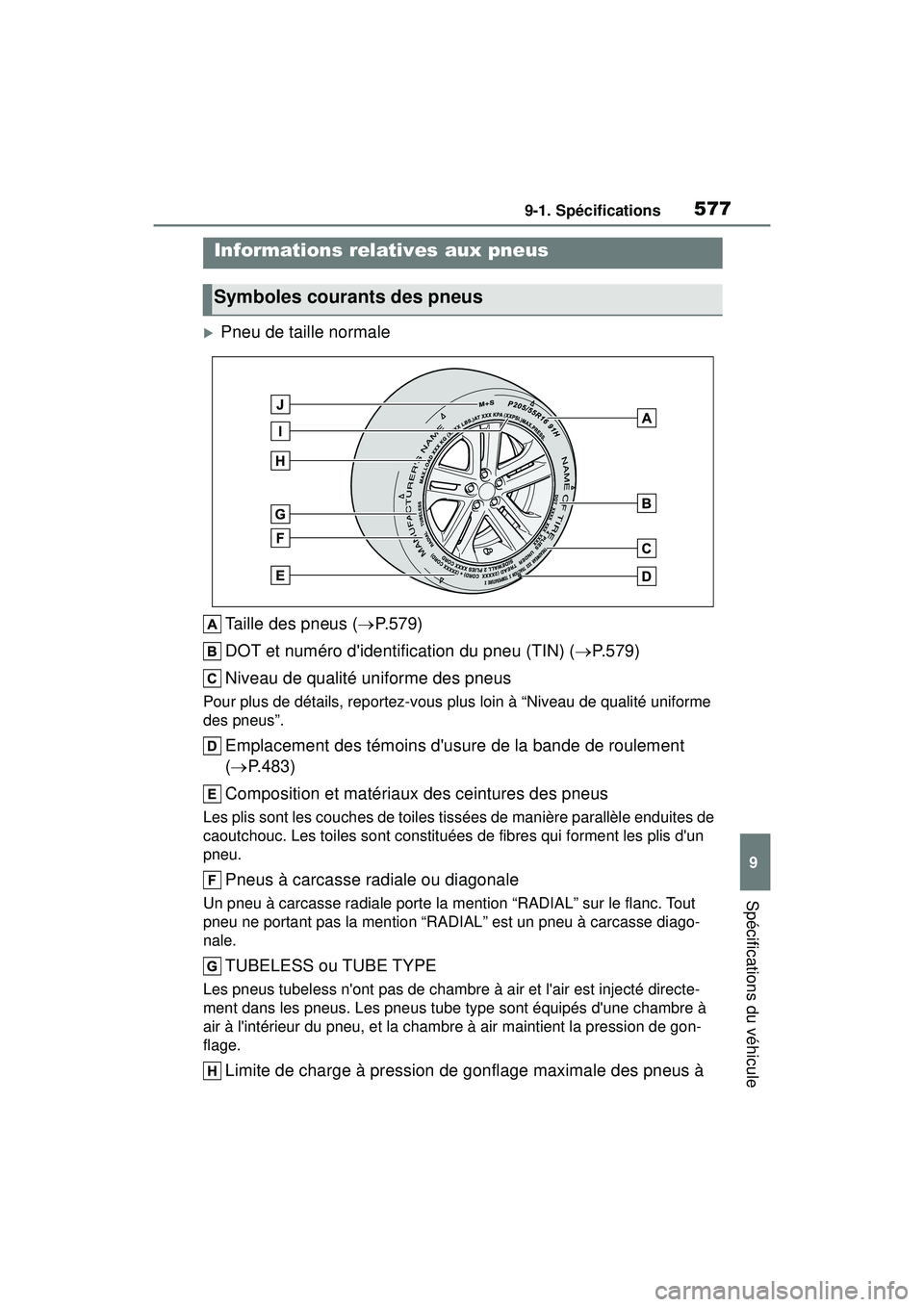 TOYOTA COROLLA HATCHBACK 2019 Manuel du propriétaire (in French) 5779-1. Spécifications
COROLLA_HB_OM_(D)
9
Spécifications du véhicule
Pneu de taille normale Taille des pneus ( P.579)
DOT et numéro didentification du pneu (TIN) ( P.579)
Niveau de qual TOYOTA COROLLA HATCHBACK 2019 Manuel du propriétaire (in French) 5779-1. Spécifications
COROLLA_HB_OM_(D)
9
Spécifications du véhicule
Pneu de taille normale Taille des pneus ( P.579)
DOT et numéro didentification du pneu (TIN) ( P.579)
Niveau de qual