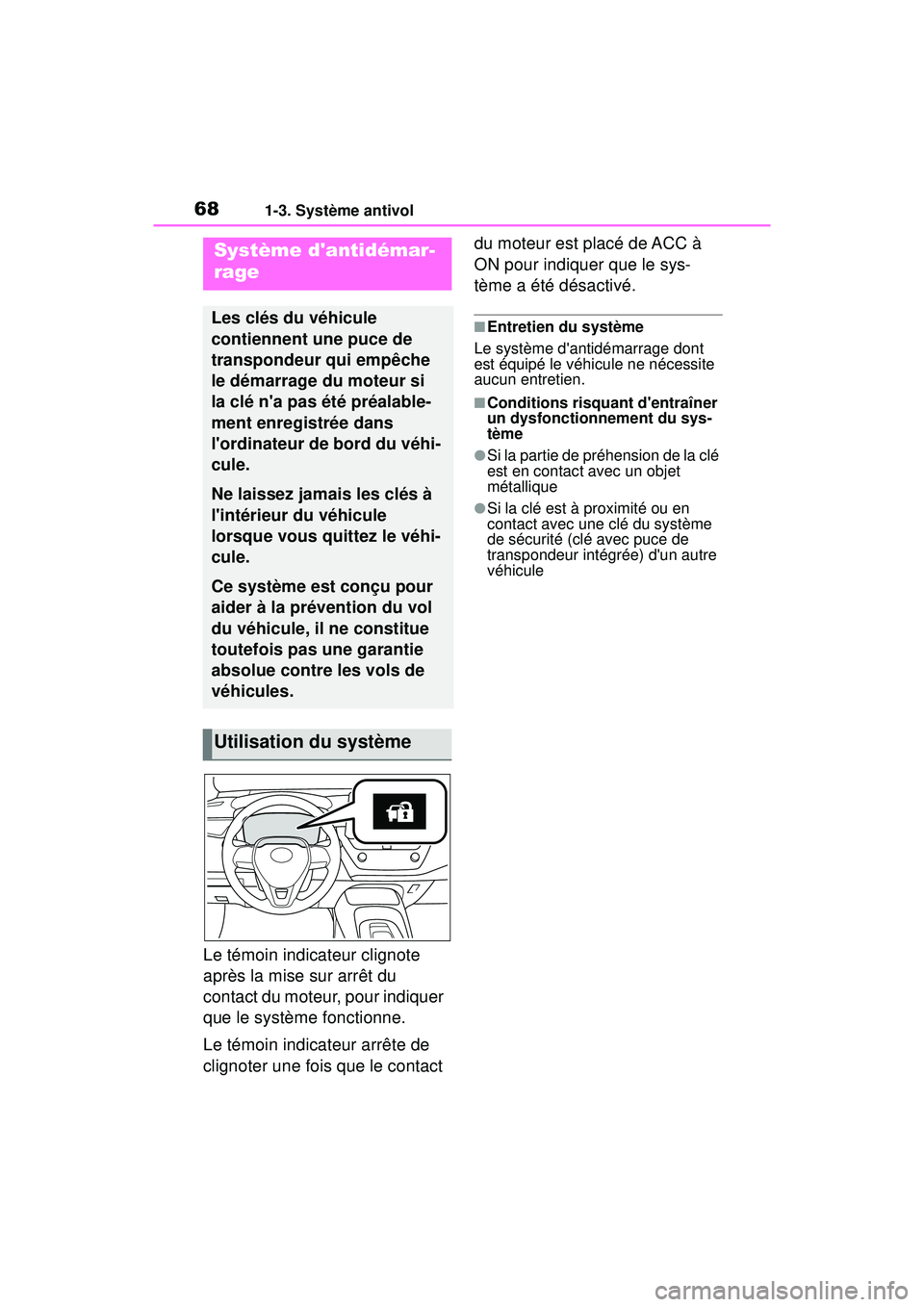 TOYOTA COROLLA HATCHBACK 2019 Manuel du propriétaire (in French) 681-3. Système antivol
COROLLA_HB_OM_(D)
1-3 .Sy stè me a ntivo l
Le témoin indicateur clignote
après la mise sur arrêt du
contact du moteur, pour indiquer
que le système fonctionne.
Le témo TOYOTA COROLLA HATCHBACK 2019 Manuel du propriétaire (in French) 681-3. Système antivol
COROLLA_HB_OM_(D)
1-3 .Sy stè me a ntivo l
Le témoin indicateur clignote
après la mise sur arrêt du
contact du moteur, pour indiquer
que le système fonctionne.
Le témo