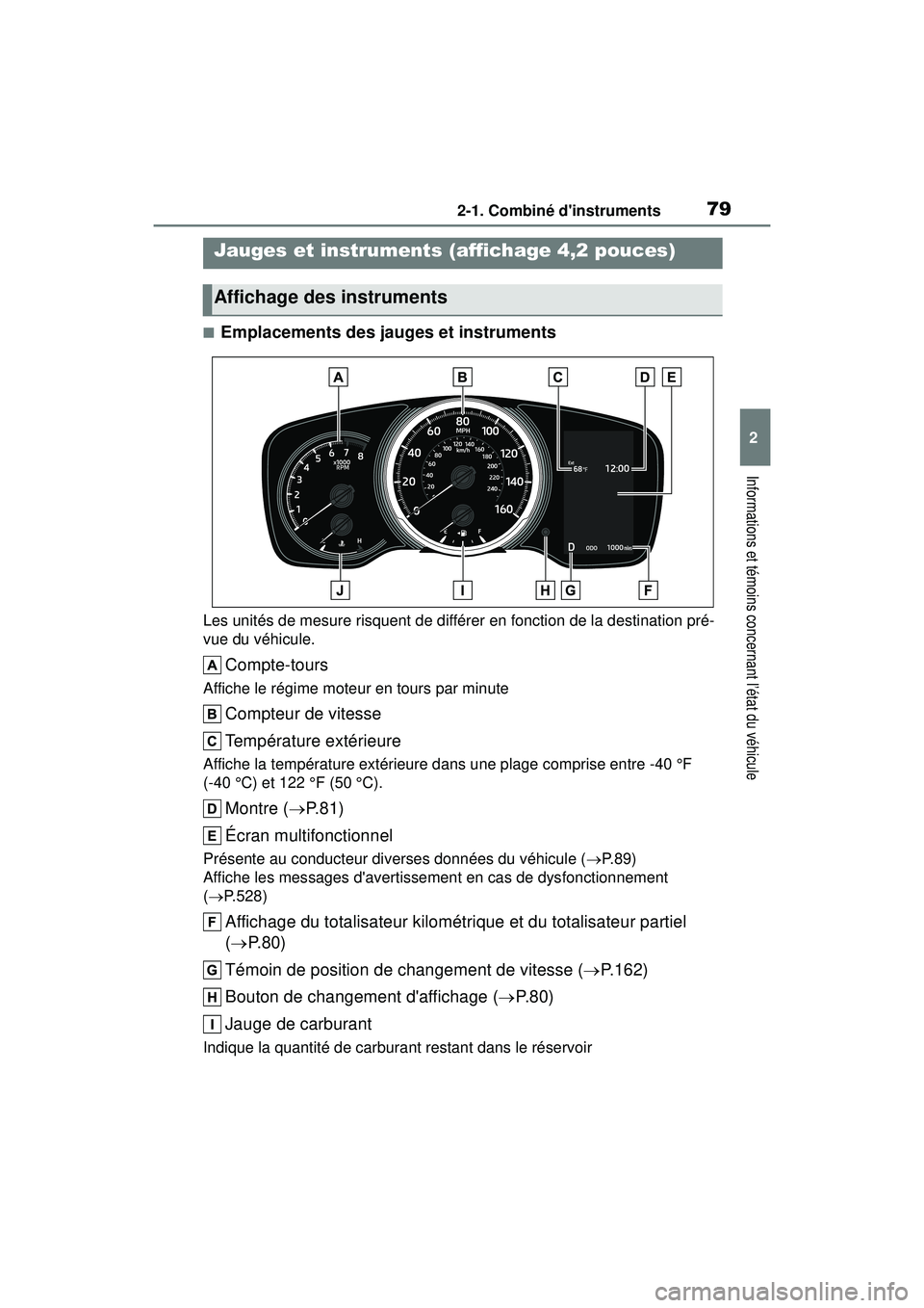 TOYOTA COROLLA HATCHBACK 2019 Manuel du propriétaire (in French) 792-1. Combiné dinstruments
COROLLA_HB_OM_(D)
2
Informations et témoins concernant l’état du véhicule
■Emplacements des jauges et instruments
Les unités de mesure risquent de différer en fo TOYOTA COROLLA HATCHBACK 2019 Manuel du propriétaire (in French) 792-1. Combiné dinstruments
COROLLA_HB_OM_(D)
2
Informations et témoins concernant l’état du véhicule
■Emplacements des jauges et instruments
Les unités de mesure risquent de différer en fo