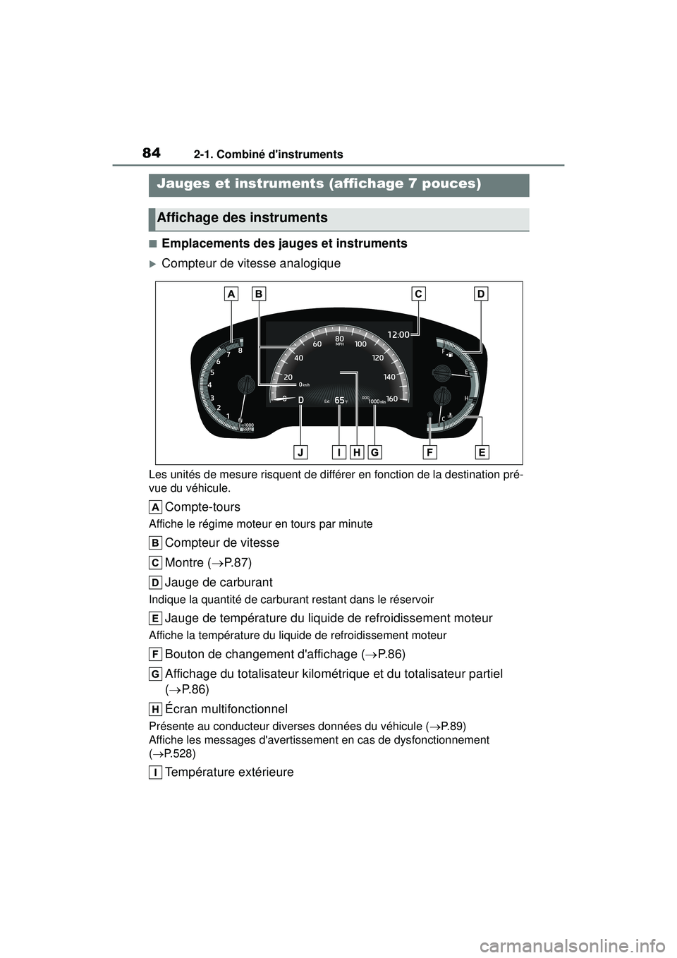TOYOTA COROLLA HATCHBACK 2019 Manuel du propriétaire (in French) 842-1. Combiné dinstruments
COROLLA_HB_OM_(D)
■Emplacements des jauges et instruments
Compteur de vitesse analogique
Les unités de mesure risquent de différer en fonction de la destination pr TOYOTA COROLLA HATCHBACK 2019 Manuel du propriétaire (in French) 842-1. Combiné dinstruments
COROLLA_HB_OM_(D)
■Emplacements des jauges et instruments
Compteur de vitesse analogique
Les unités de mesure risquent de différer en fonction de la destination pr