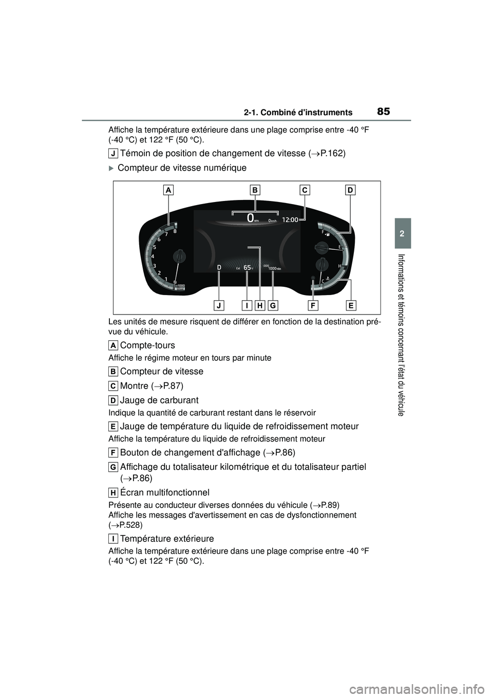 TOYOTA COROLLA HATCHBACK 2019 Manuel du propriétaire (in French) 852-1. Combiné dinstruments
COROLLA_HB_OM_(D)
2
Informations et témoins concernant l’état du véhicule
Affiche la température extérieure dans une plage comprise entre -40 °F
(-40 °C) et 122 TOYOTA COROLLA HATCHBACK 2019 Manuel du propriétaire (in French) 852-1. Combiné dinstruments
COROLLA_HB_OM_(D)
2
Informations et témoins concernant l’état du véhicule
Affiche la température extérieure dans une plage comprise entre -40 °F
(-40 °C) et 122