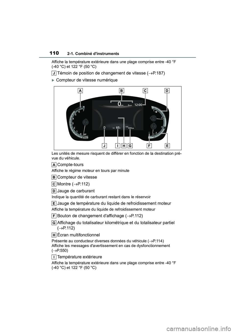TOYOTA COROLLA HYBRID 2021  Manuel du propriétaire (in French) 1102-1. Combiné dinstruments
COROLLA HV_DAffiche la température extérieure da
ns une plage comprise entre -40 °F 
(-40 °C) et 122 °F (50 °C)
Témoin de position de changement de vitesse ( P