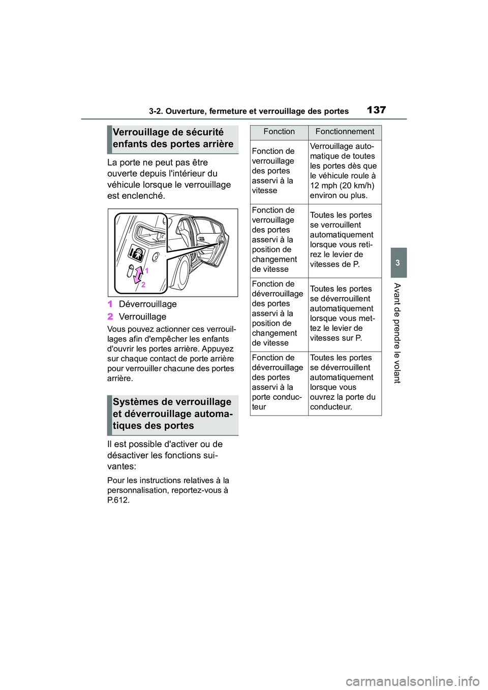 TOYOTA COROLLA HYBRID 2021  Manuel du propriétaire (in French) 1373-2. Ouverture, fermeture et verrouillage des portes
COROLLA HV_D
3
Avant de prendre le volant
La porte ne peut pas être 
ouverte depuis lintérieur du 
véhicule lorsque le verrouillage 
est enc