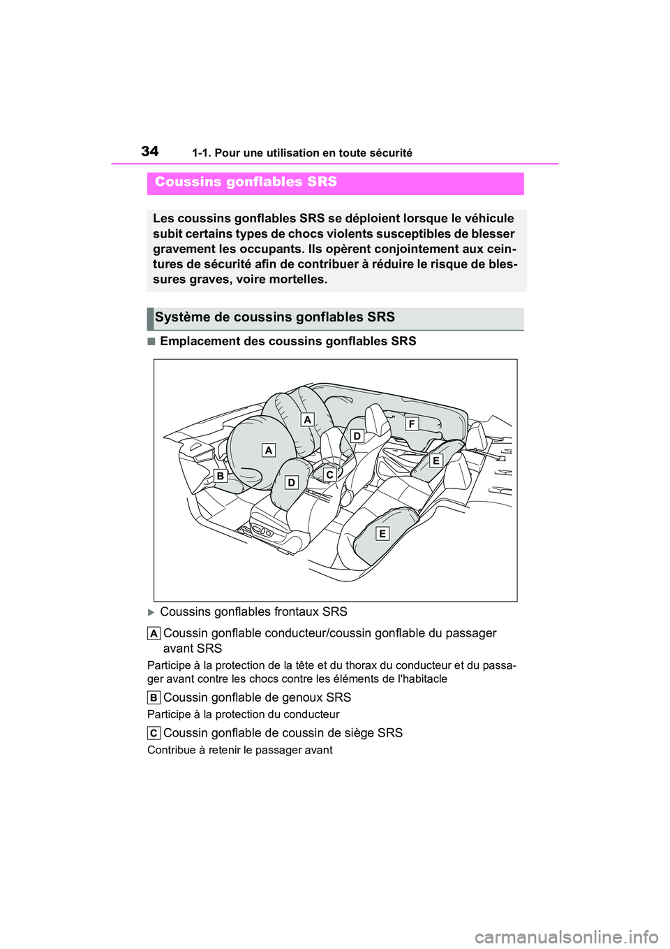 TOYOTA COROLLA HYBRID 2021 Manuel du propriétaire (in French) 341-1. Pour une utilisation en toute sécurité
COROLLA HV_D
■Emplacement des coussins gonflables SRS
Coussins gonflables frontaux SRSCoussin gonflable conducteur/c oussin gonflable du passager
TOYOTA COROLLA HYBRID 2021 Manuel du propriétaire (in French) 341-1. Pour une utilisation en toute sécurité
COROLLA HV_D
■Emplacement des coussins gonflables SRS
Coussins gonflables frontaux SRSCoussin gonflable conducteur/c oussin gonflable du passager