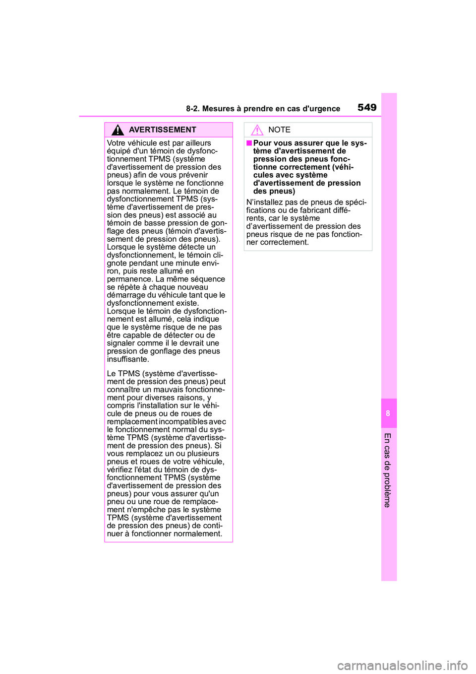 TOYOTA COROLLA HYBRID 2021  Manuel du propriétaire (in French) 5498-2. Mesures à prendre en cas durgence
COROLLA HV_D
8
En cas de problème
AVERTISSEMENT
Votre véhicule est par ailleurs 
équipé dun témoin de dysfonc-
tionnement TPMS (système 
davertissem