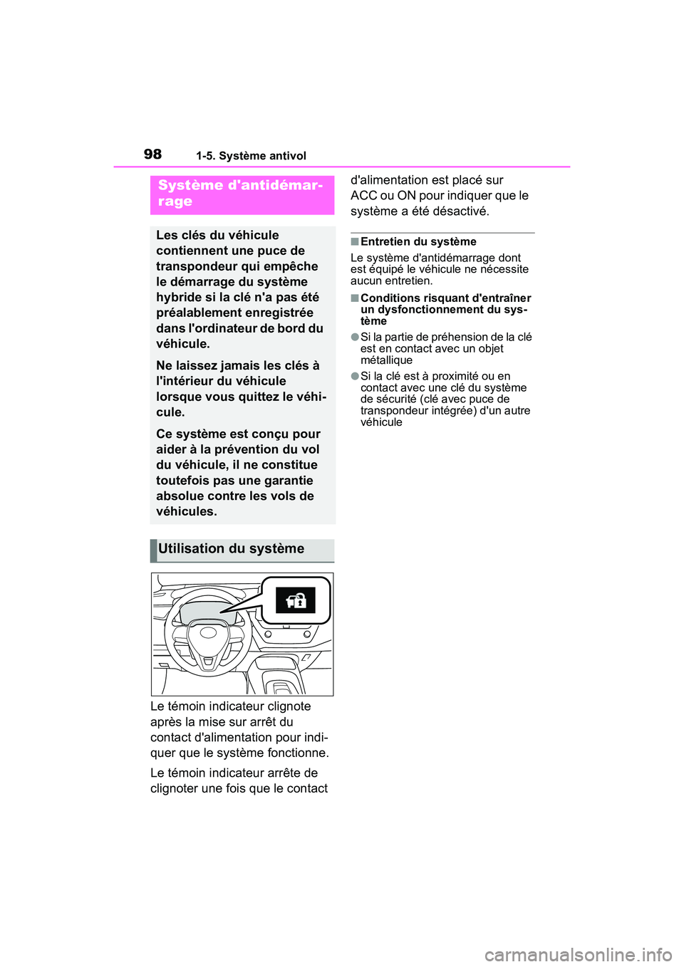TOYOTA COROLLA HYBRID 2021  Manuel du propriétaire (in French) 981-5. Système antivol
COROLLA HV_D
1-5.Système antivol
Le témoin indicateur clignote 
après la mise sur arrêt du 
contact dalimentation pour indi-
quer que le système fonctionne.
Le témoin in