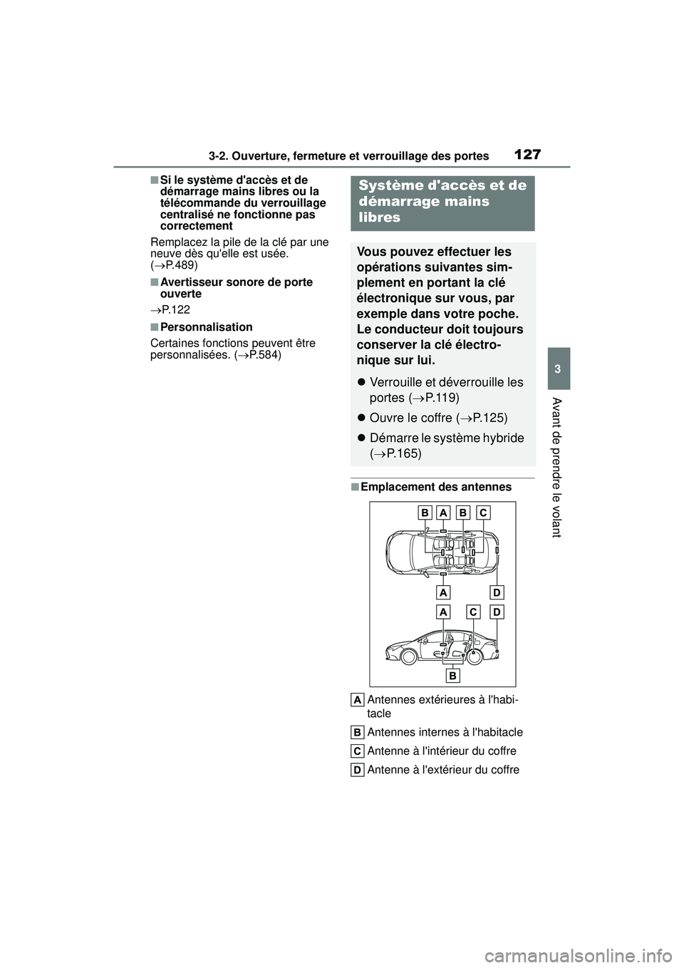 TOYOTA COROLLA HYBRID 2020 Manuel du propriétaire (in French) 1273-2. Ouverture, fermeture et verrouillage des portes
COROLLA HV_D
3
Avant de prendre le volant
■Si le système daccès et de
démarrage mains libres ou la
télécommande du verrouillage
centr TOYOTA COROLLA HYBRID 2020 Manuel du propriétaire (in French) 1273-2. Ouverture, fermeture et verrouillage des portes
COROLLA HV_D
3
Avant de prendre le volant
■Si le système daccès et de
démarrage mains libres ou la
télécommande du verrouillage
centr