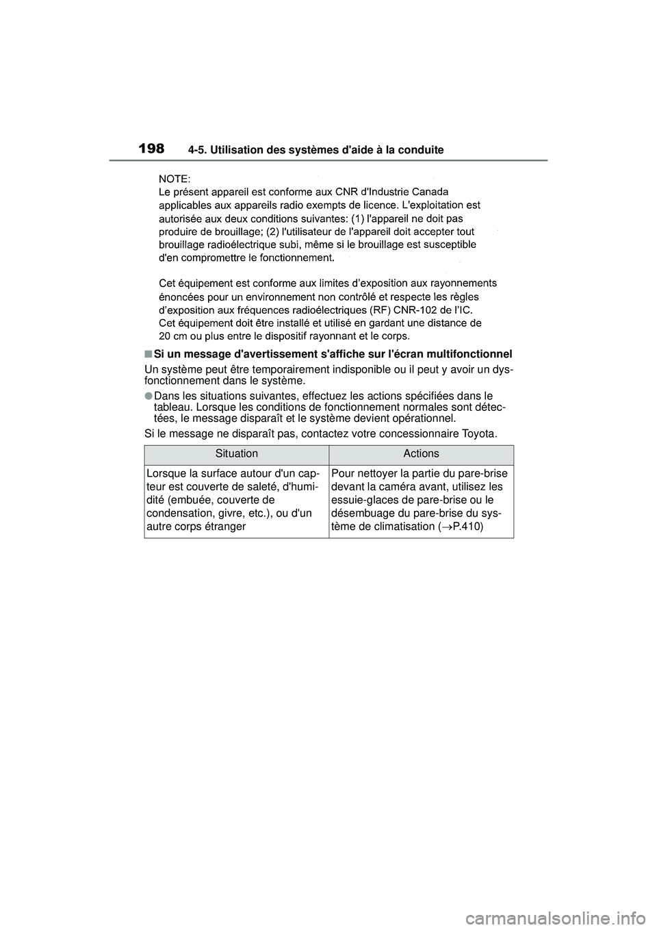 TOYOTA COROLLA HYBRID 2020 Manuel du propriétaire (in French) 1984-5. Utilisation des systèmes daide à la conduite
COROLLA HV_D
■Si un message davertissement saffiche sur lécran multifonctionnel
Un système peut être temporairement indisponible ou il p TOYOTA COROLLA HYBRID 2020 Manuel du propriétaire (in French) 1984-5. Utilisation des systèmes daide à la conduite
COROLLA HV_D
■Si un message davertissement saffiche sur lécran multifonctionnel
Un système peut être temporairement indisponible ou il p