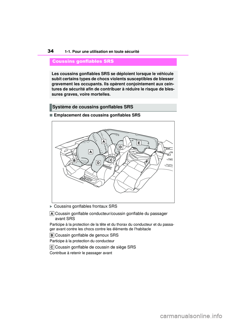 TOYOTA COROLLA HYBRID 2020  Manuel du propriétaire (in French) 341-1. Pour une utilisation en toute sécurité
COROLLA HV_D
■Emplacement des coussins gonflables SRS
Coussins gonflables frontaux SRSCoussin gonflable conducteur/coussin gonflable du passager 
a