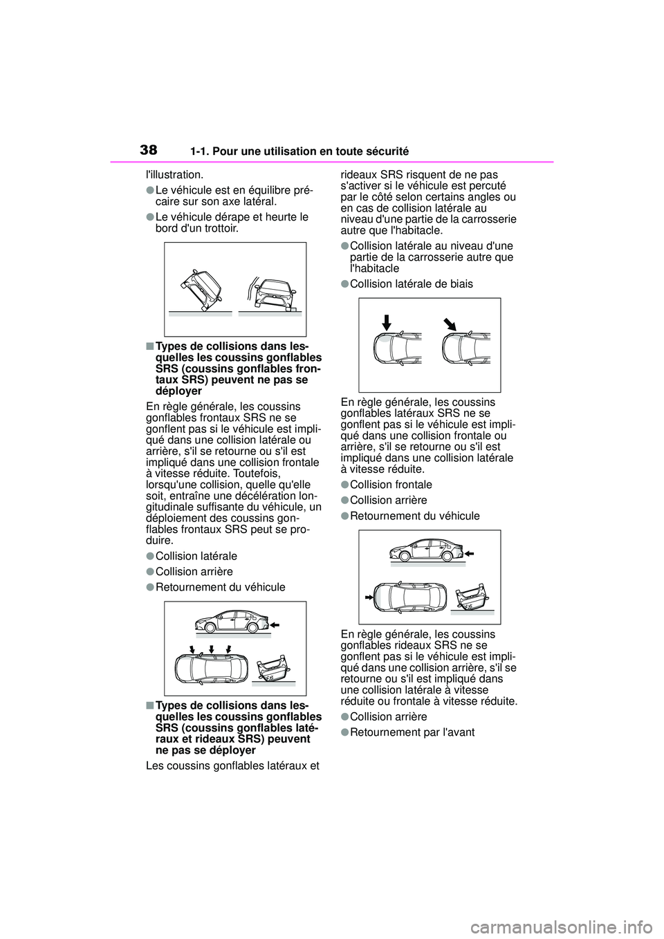 TOYOTA COROLLA HYBRID 2020  Manuel du propriétaire (in French) 381-1. Pour une utilisation en toute sécurité
COROLLA HV_Dlillustration.
●Le véhicule est en équilibre pré-
caire sur son axe latéral.
●Le véhicule dérape et heurte le 
bord dun trottoir