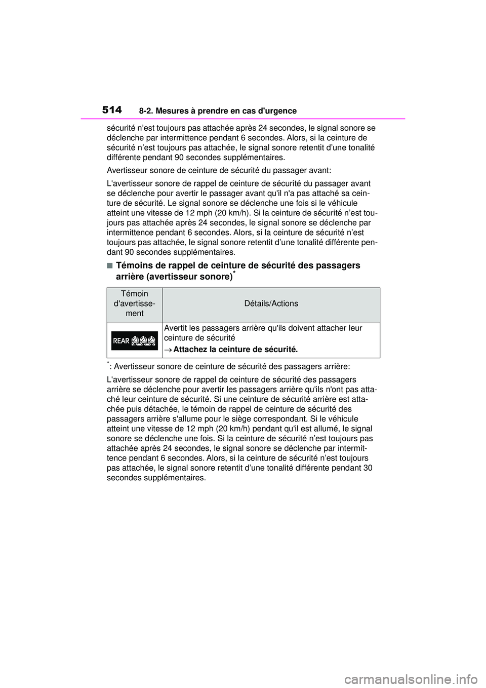 TOYOTA COROLLA HYBRID 2020  Manuel du propriétaire (in French) 5148-2. Mesures à prendre en cas durgence
COROLLA HV_Dsécurité n’est toujours pas attachée après 24 secondes, le signal sonore se 
déclenche par intermittence pendant 6 secondes. Alors, si la