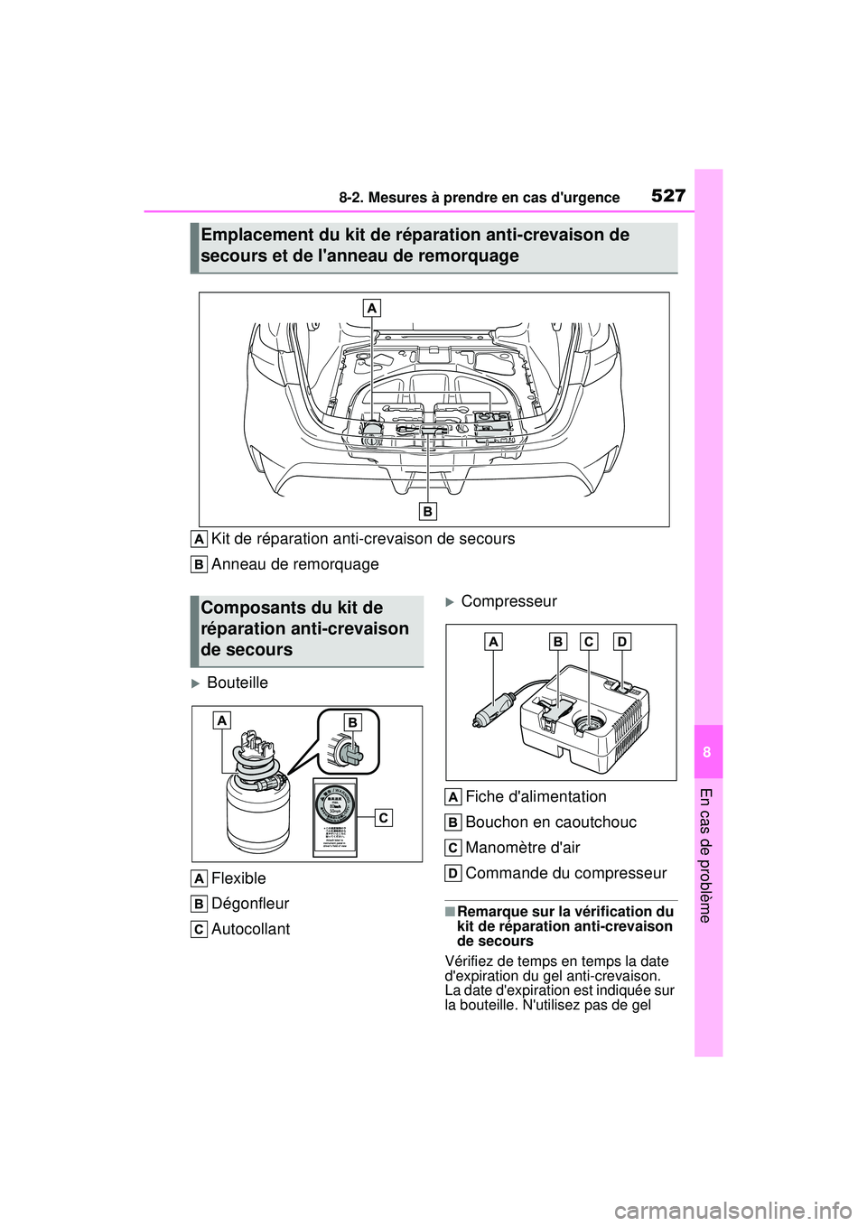 TOYOTA COROLLA HYBRID 2020 Manuel du propriétaire (in French) 5278-2. Mesures à prendre en cas durgence
COROLLA HV_D
8
En cas de problème
Kit de réparation anti-crevaison de secours
Anneau de remorquage
Bouteille Flexible
Dégonfleur
Autocollant
Compre TOYOTA COROLLA HYBRID 2020 Manuel du propriétaire (in French) 5278-2. Mesures à prendre en cas durgence
COROLLA HV_D
8
En cas de problème
Kit de réparation anti-crevaison de secours
Anneau de remorquage
Bouteille Flexible
Dégonfleur
Autocollant
Compre