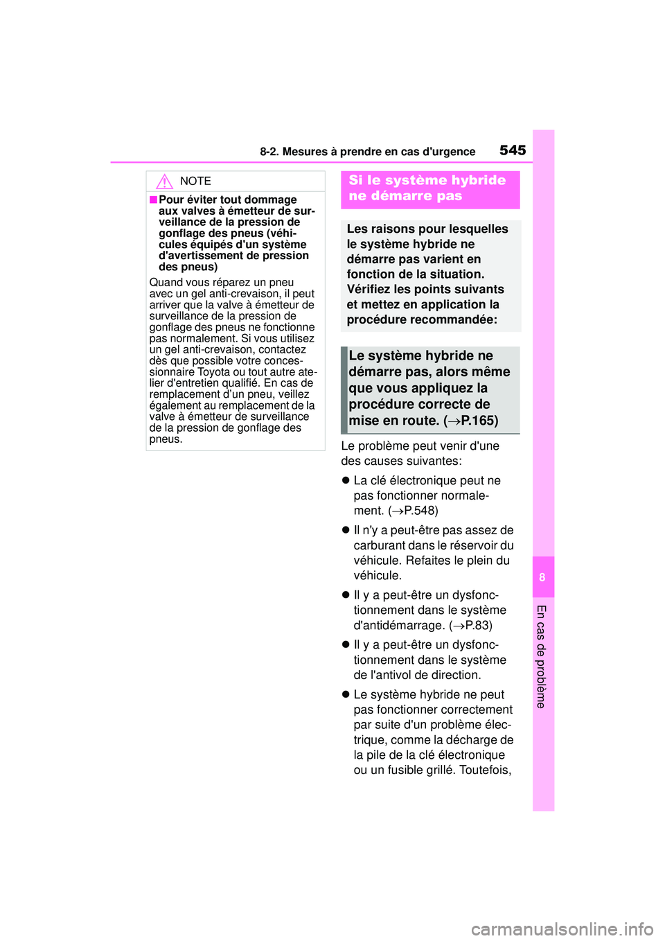 TOYOTA COROLLA HYBRID 2020  Manuel du propriétaire (in French) 5458-2. Mesures à prendre en cas durgence
COROLLA HV_D
8
En cas de problème
Le problème peut venir dune 
des causes suivantes:
 La clé électronique peut ne 
pas fonctionner normale-
ment. (