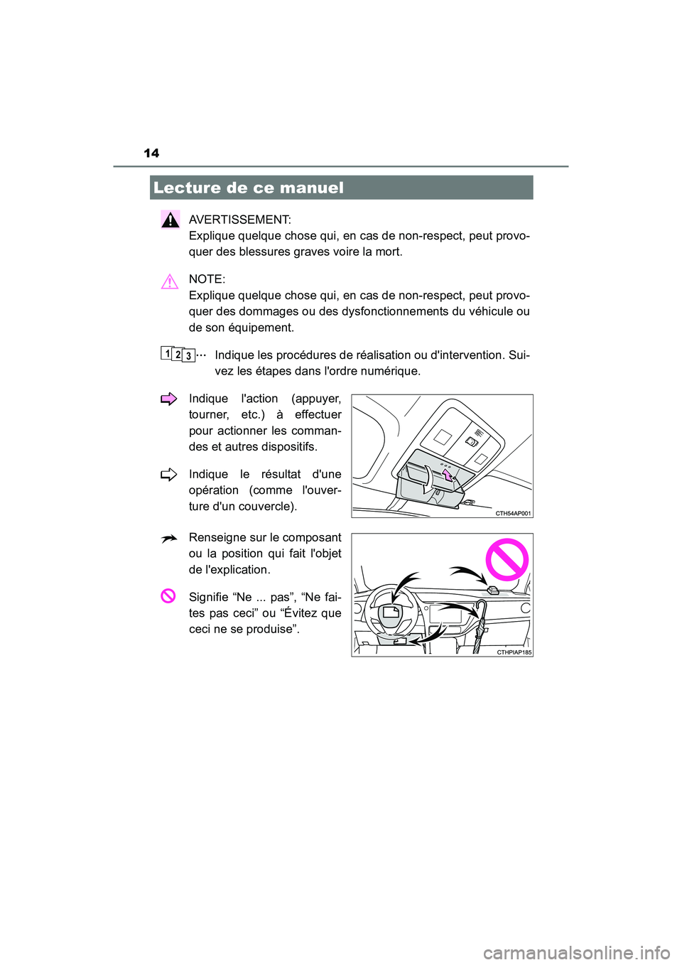 TOYOTA COROLLA IM 2018 Manuel du propriétaire (in French) 14
COROLLA iM_D (OM12M42D)
AVERTISSEMENT:
Explique quelque chose qui, en cas de non-respect, peut provo-
quer des blessures graves voire la mort.
NOTE:
Explique quelque chose qui, en cas de non-resp TOYOTA COROLLA IM 2018 Manuel du propriétaire (in French) 14
COROLLA iM_D (OM12M42D)
AVERTISSEMENT:
Explique quelque chose qui, en cas de non-respect, peut provo-
quer des blessures graves voire la mort.
NOTE:
Explique quelque chose qui, en cas de non-resp