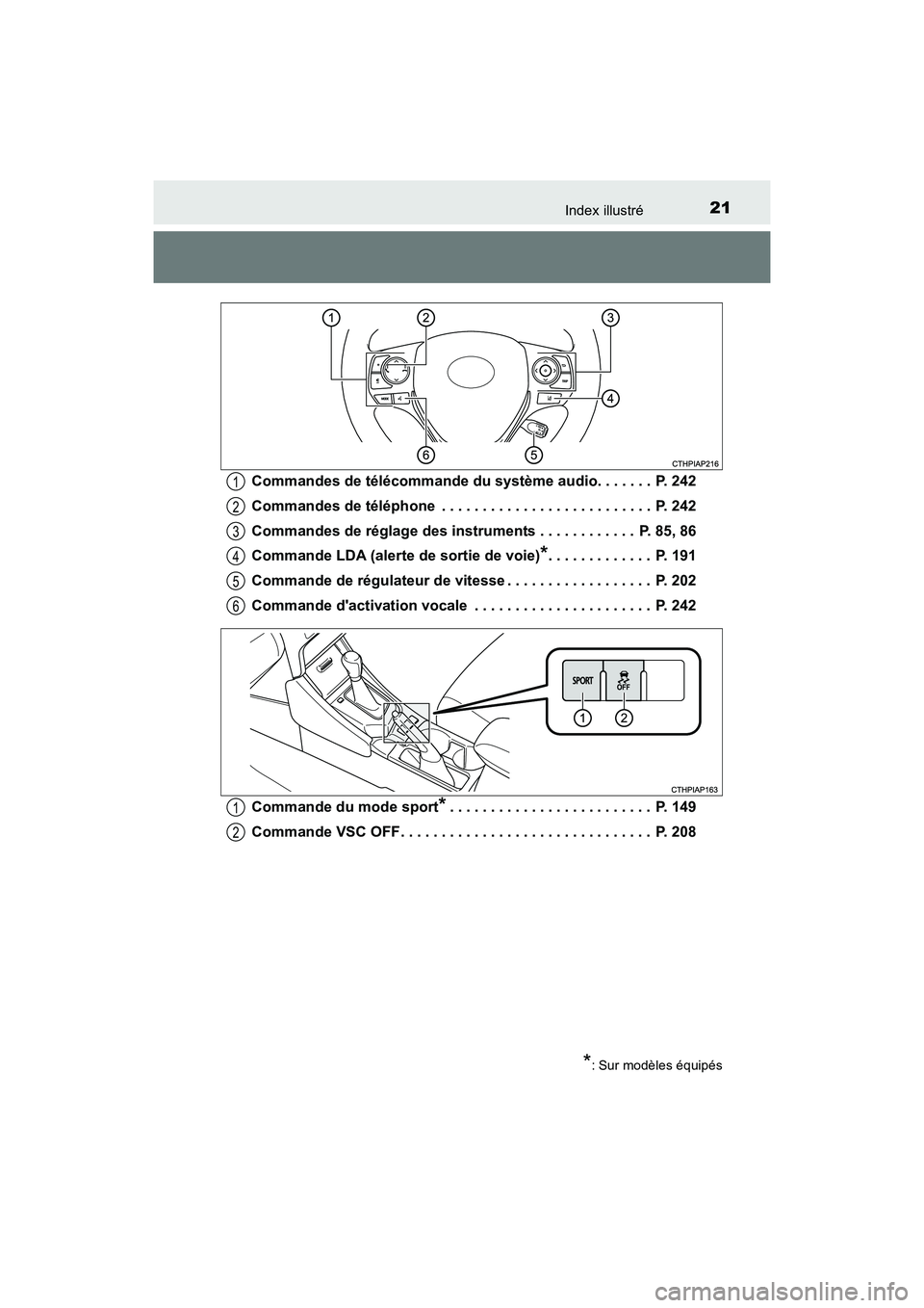 TOYOTA COROLLA IM 2018 Manuel du propriétaire (in French) 21Index illustré
COROLLA iM_D (OM12M42D)Commandes de télécommande du système audio. . . . . . . P. 242
Commandes de téléphone . . . . . . . . . . . . . . . . . . . . . . . . . . P. 242
Comman TOYOTA COROLLA IM 2018 Manuel du propriétaire (in French) 21Index illustré
COROLLA iM_D (OM12M42D)Commandes de télécommande du système audio. . . . . . . P. 242
Commandes de téléphone . . . . . . . . . . . . . . . . . . . . . . . . . . P. 242
Comman