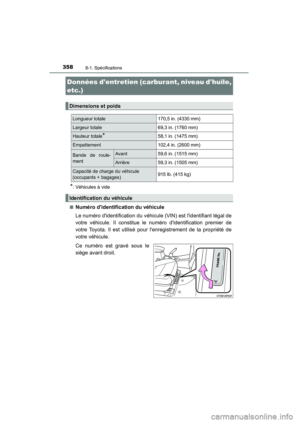 TOYOTA COROLLA IM 2018 Manuel du propriétaire (in French) 358
COROLLA iM_D (OM12M42D)
8-1. Spécifications
*: Véhicules à vide
■
Numéro didentification du véhicule
Le numéro didentification du véhicule (VIN) est lidentifiant légal de
votre véhic TOYOTA COROLLA IM 2018 Manuel du propriétaire (in French) 358
COROLLA iM_D (OM12M42D)
8-1. Spécifications
*: Véhicules à vide
■
Numéro didentification du véhicule
Le numéro didentification du véhicule (VIN) est lidentifiant légal de
votre véhic