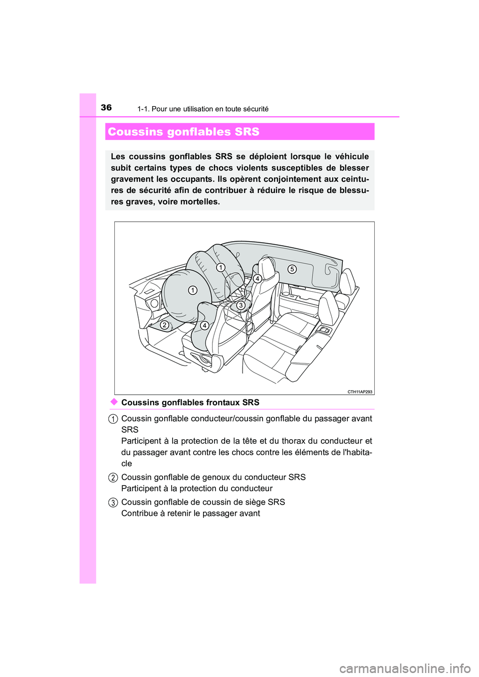 TOYOTA COROLLA IM 2018 Manuel du propriétaire (in French) 361-1. Pour une utilisation en toute sécurité
COROLLA iM_D (OM12M42D)
◆Coussins gonflables frontaux SRS
Coussin gonflable conducteur/coussin gonflable du passager avant
SRS
Participent à la prot TOYOTA COROLLA IM 2018 Manuel du propriétaire (in French) 361-1. Pour une utilisation en toute sécurité
COROLLA iM_D (OM12M42D)
◆Coussins gonflables frontaux SRS
Coussin gonflable conducteur/coussin gonflable du passager avant
SRS
Participent à la prot