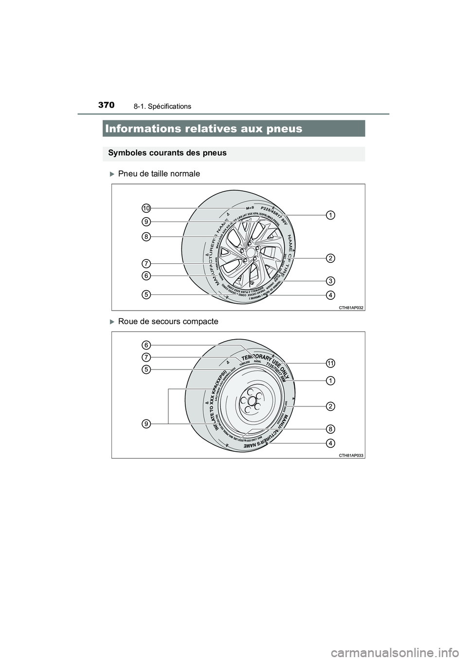 TOYOTA COROLLA IM 2018  Manuel du propriétaire (in French) 3708-1. Spécifications
COROLLA iM_D (OM12M42D)
�XPneu de taille normale
�XRoue de secours compacte
Informations relatives aux pneus
Symboles courants des pneus 