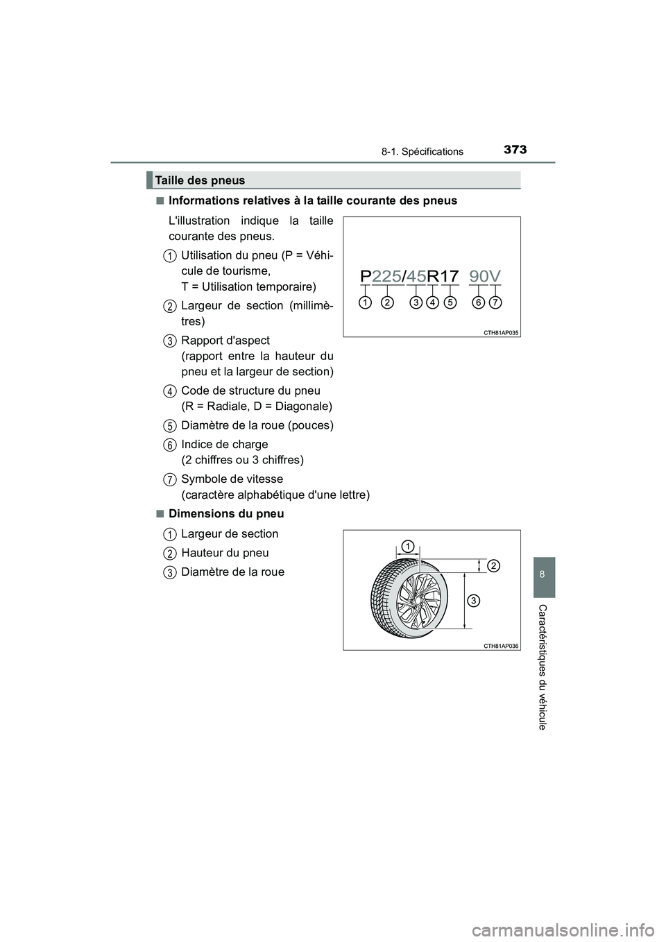TOYOTA COROLLA IM 2018  Manuel du propriétaire (in French) 3738-1. Spécifications
8
Caractéristiques du véhicule
COROLLA iM_D (OM12M42D)■
Informations relatives à la taille courante des pneus
Lillustration indique la taille
courante des pneus.
Utilisat