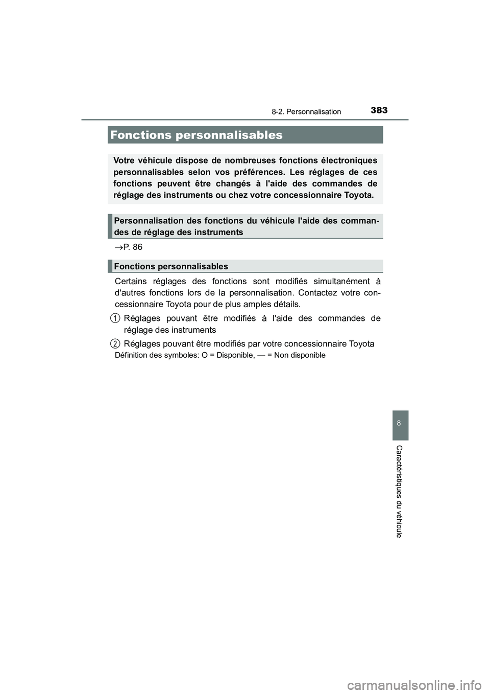 TOYOTA COROLLA IM 2018 Manuel du propriétaire (in French) 383
8
Caractéristiques du véhicule
COROLLA iM_D (OM12M42D)
8-2. Personnalisation
→P. 8 6
Certains réglages des fonctions sont modifiés simultanément à
dautres fonctions lors de la personnali TOYOTA COROLLA IM 2018 Manuel du propriétaire (in French) 383
8
Caractéristiques du véhicule
COROLLA iM_D (OM12M42D)
8-2. Personnalisation
→P. 8 6
Certains réglages des fonctions sont modifiés simultanément à
dautres fonctions lors de la personnali