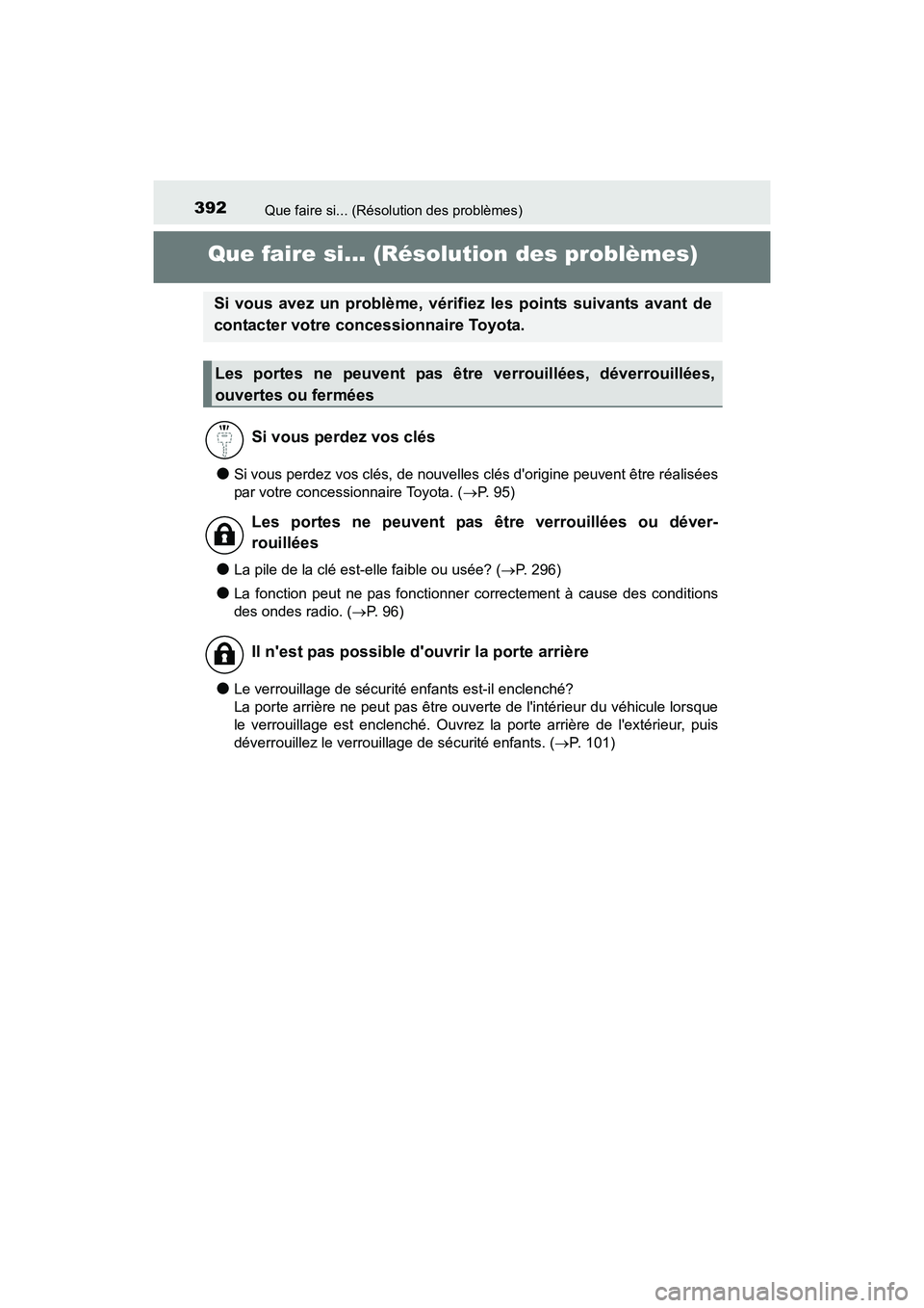 TOYOTA COROLLA IM 2018 Manuel du propriétaire (in French) 392
COROLLA iM_D (OM12M42D)
Que faire si... (Résolution des problèmes)
Que faire si... (Résolution des problèmes)
●Si vous perdez vos clés, de nouvelles clés dorigine peuvent être réalisée TOYOTA COROLLA IM 2018 Manuel du propriétaire (in French) 392
COROLLA iM_D (OM12M42D)
Que faire si... (Résolution des problèmes)
Que faire si... (Résolution des problèmes)
●Si vous perdez vos clés, de nouvelles clés dorigine peuvent être réalisée