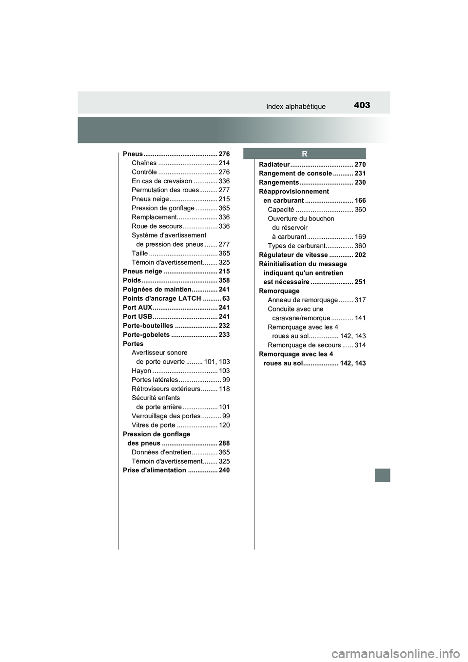 TOYOTA COROLLA IM 2018  Manuel du propriétaire (in French) 403Index alphabétique
COROLLA iM_D (OM12M42D)
Pneus ........................................ 276Chaînes ................................ 214
Contrôle ................................ 276
En cas de 