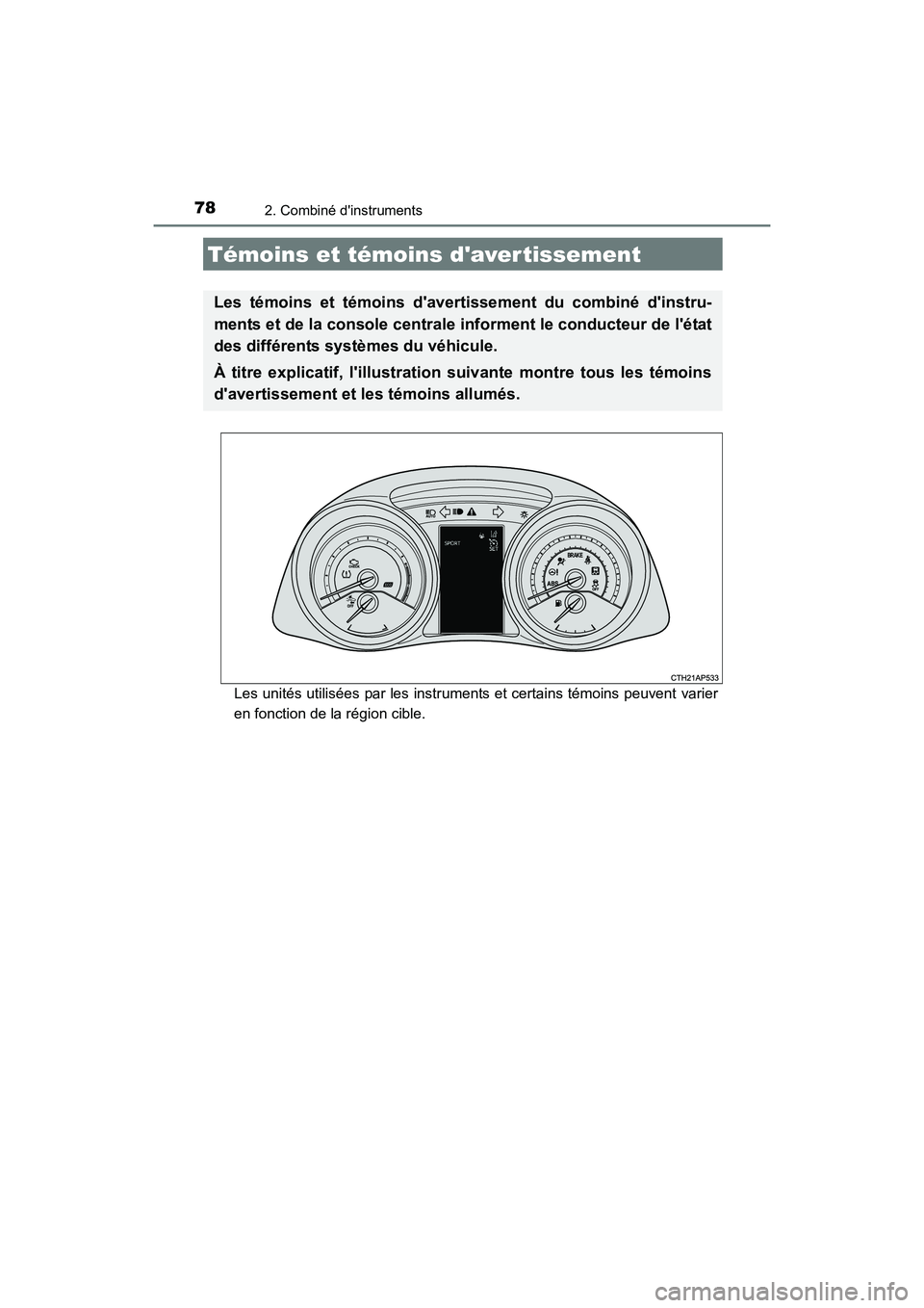 TOYOTA COROLLA IM 2018  Manuel du propriétaire (in French) 78
COROLLA iM_D (OM12M42D)
2. Combiné dinstruments
Les unités utilisées par les instruments et certains témoins peuvent varier
en fonction de la région cible.
Témoins et témoins daver tisseme