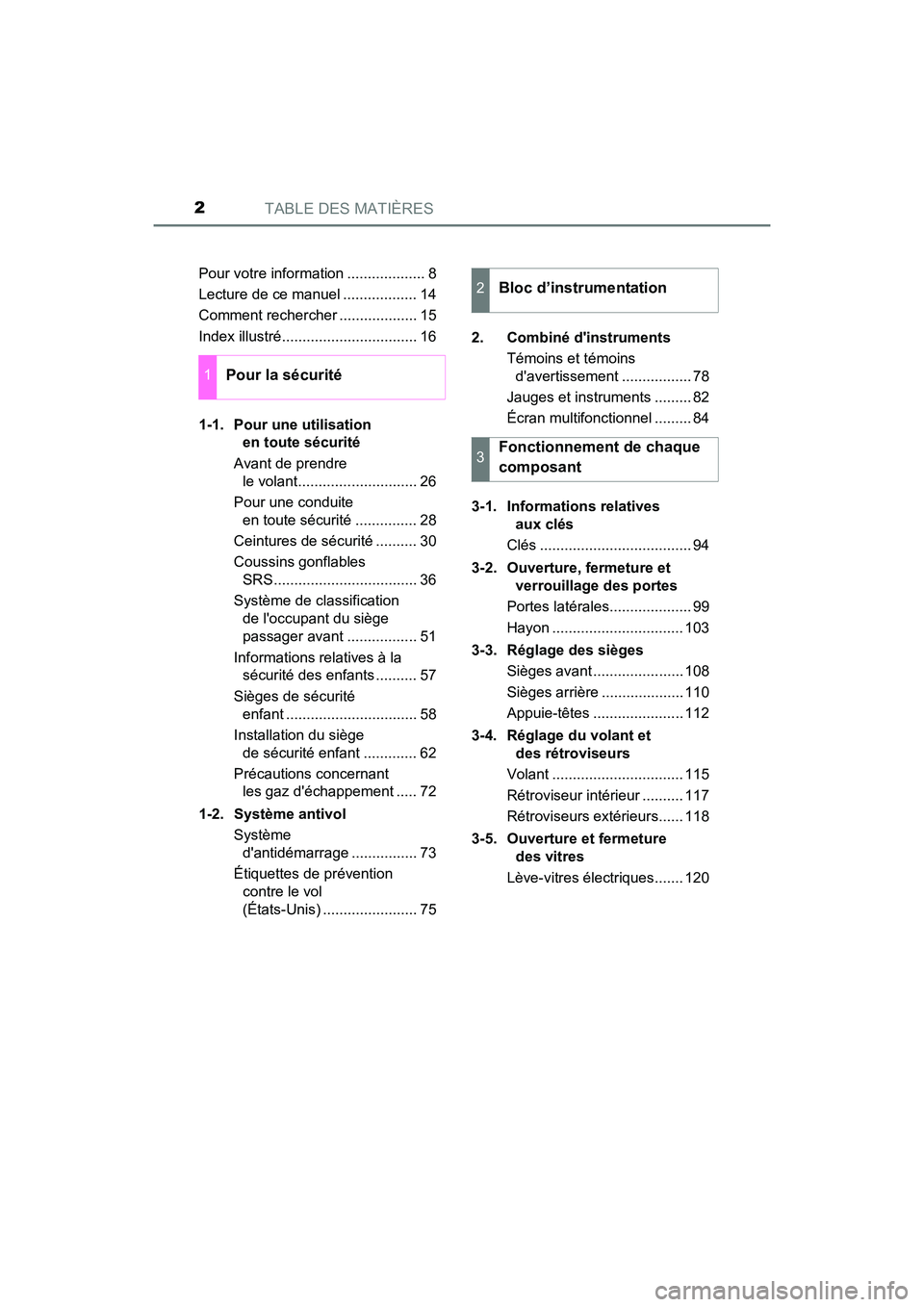 TOYOTA COROLLA IM 2017  Manuel du propriétaire (in French) TABLE DES MATIÈRES2
COROLLA iM_D (OM12K64D)Pour votre information ................... 8
Lecture de ce manuel .................. 14
Comment rechercher ................... 15
Index illustré...........