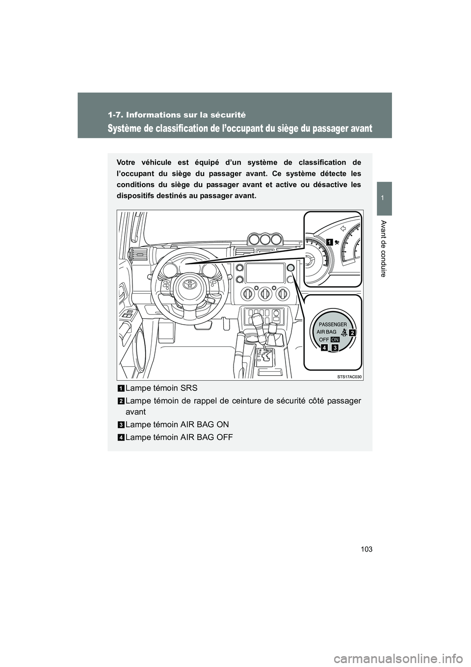 TOYOTA FJ CRUISER 2014 Manuel du propriétaire (in French) 103
1
1-7. Informations sur la sécurité
Avant de conduire
FJ CRUISER_D_(35A88D)
Système de classification de l’occupant du siège du passager avant
Votre véhicule est équipé d’un système de TOYOTA FJ CRUISER 2014 Manuel du propriétaire (in French) 103
1
1-7. Informations sur la sécurité
Avant de conduire
FJ CRUISER_D_(35A88D)
Système de classification de l’occupant du siège du passager avant
Votre véhicule est équipé d’un système de