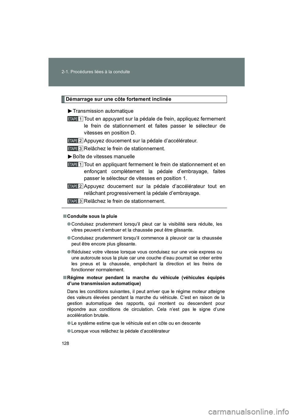 TOYOTA FJ CRUISER 2014 Manuel du propriétaire (in French) 128 2-1. Procédures liées à la conduite
FJ CRUISER_D_(35A88D)
Démarrage sur une côte fortement inclinéeTransmission automatique Tout en appuyant sur la pédale de frein, appliquez fermement
le f TOYOTA FJ CRUISER 2014 Manuel du propriétaire (in French) 128 2-1. Procédures liées à la conduite
FJ CRUISER_D_(35A88D)
Démarrage sur une côte fortement inclinéeTransmission automatique Tout en appuyant sur la pédale de frein, appliquez fermement
le f