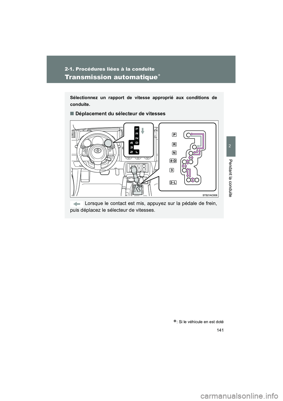 TOYOTA FJ CRUISER 2014  Manuel du propriétaire (in French) 141
2-1. Procédures liées à la conduite
2
Pendant la conduite
FJ CRUISER_D_(35A88D)
Transmission automatique∗
∗: Si le véhicule en est doté
Sélectionnez un rapport de vitesse approprié aux 