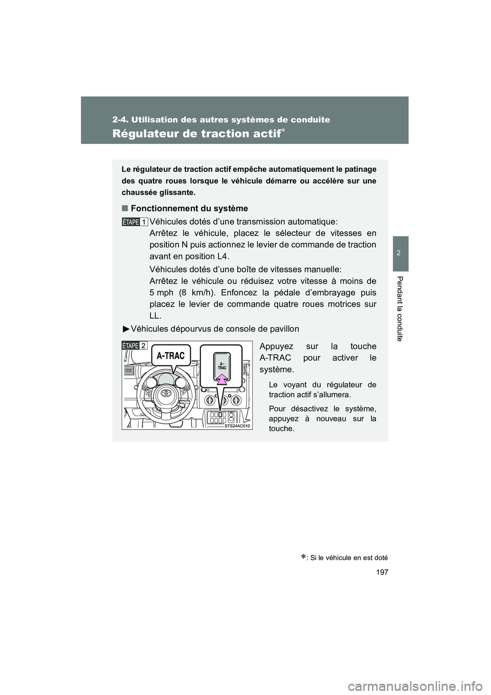 TOYOTA FJ CRUISER 2014 Manuel du propriétaire (in French) 197
2-4. Utilisation des autres systèmes de conduite
2
Pendant la conduite
FJ CRUISER_D_(35A88D)
Régulateur de traction actif∗
∗: Si le véhicule en est doté
Le régulateur de traction actif em TOYOTA FJ CRUISER 2014 Manuel du propriétaire (in French) 197
2-4. Utilisation des autres systèmes de conduite
2
Pendant la conduite
FJ CRUISER_D_(35A88D)
Régulateur de traction actif∗
∗: Si le véhicule en est doté
Le régulateur de traction actif em
