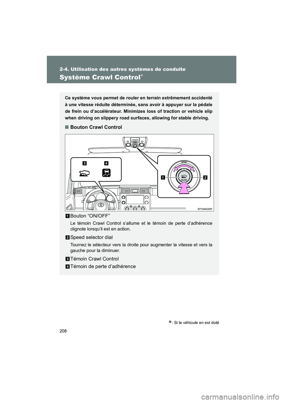 TOYOTA FJ CRUISER 2014 Manuel du propriétaire (in French) 208
2-4. Utilisation des autres systèmes de conduite
FJ CRUISER_D_(35A88D)
Système Crawl Control∗
∗: Si le véhicule en est doté
Ce système vous permet de rouler en terrain extrêmement accide TOYOTA FJ CRUISER 2014 Manuel du propriétaire (in French) 208
2-4. Utilisation des autres systèmes de conduite
FJ CRUISER_D_(35A88D)
Système Crawl Control∗
∗: Si le véhicule en est doté
Ce système vous permet de rouler en terrain extrêmement accide