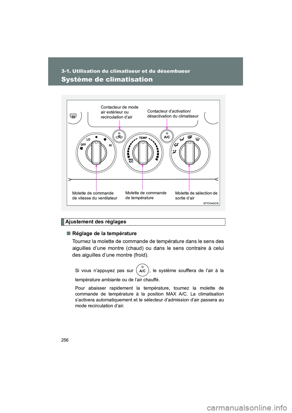 TOYOTA FJ CRUISER 2014 Manuel du propriétaire (in French) 256
FJ CRUISER_D_(35A88D)
3-1. Utilisation du climatiseur et du désembueur
Système de climatisation
Ajustement des réglages■ Réglage de la température
Tournez la molette de commande de tempéra TOYOTA FJ CRUISER 2014 Manuel du propriétaire (in French) 256
FJ CRUISER_D_(35A88D)
3-1. Utilisation du climatiseur et du désembueur
Système de climatisation
Ajustement des réglages■ Réglage de la température
Tournez la molette de commande de tempéra