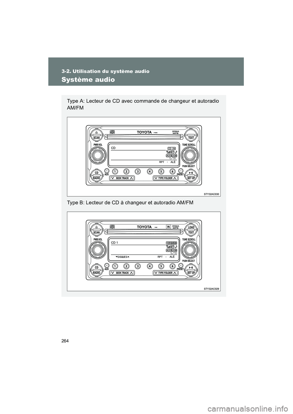 TOYOTA FJ CRUISER 2014  Manuel du propriétaire (in French) 264
FJ CRUISER_D_(35A88D)
3-2. Utilisation du système audio
Système audio
Type A: Lecteur de CD avec commande de changeur et autoradio
AM/FM
Type B: Lecteur de CD à changeur et autoradio AM/FM 