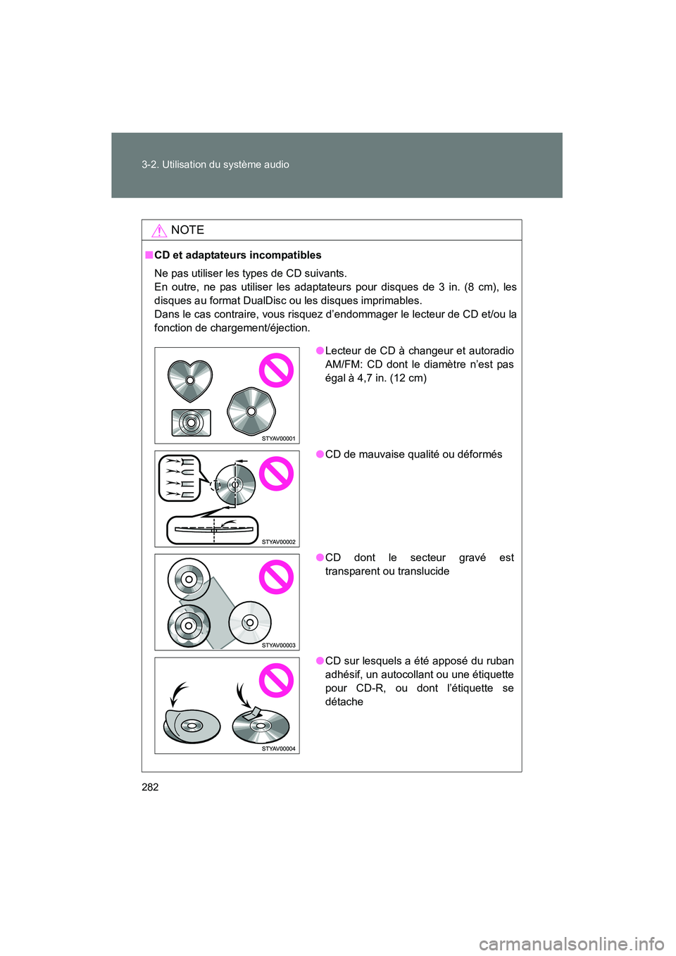 TOYOTA FJ CRUISER 2014  Manuel du propriétaire (in French) 282 3-2. Utilisation du système audio
FJ CRUISER_D_(35A88D)
NOTE
■CD et adaptateurs incompatibles
Ne pas utiliser les types de CD suivants. 
En outre, ne pas utiliser les adaptateurs pour disques d