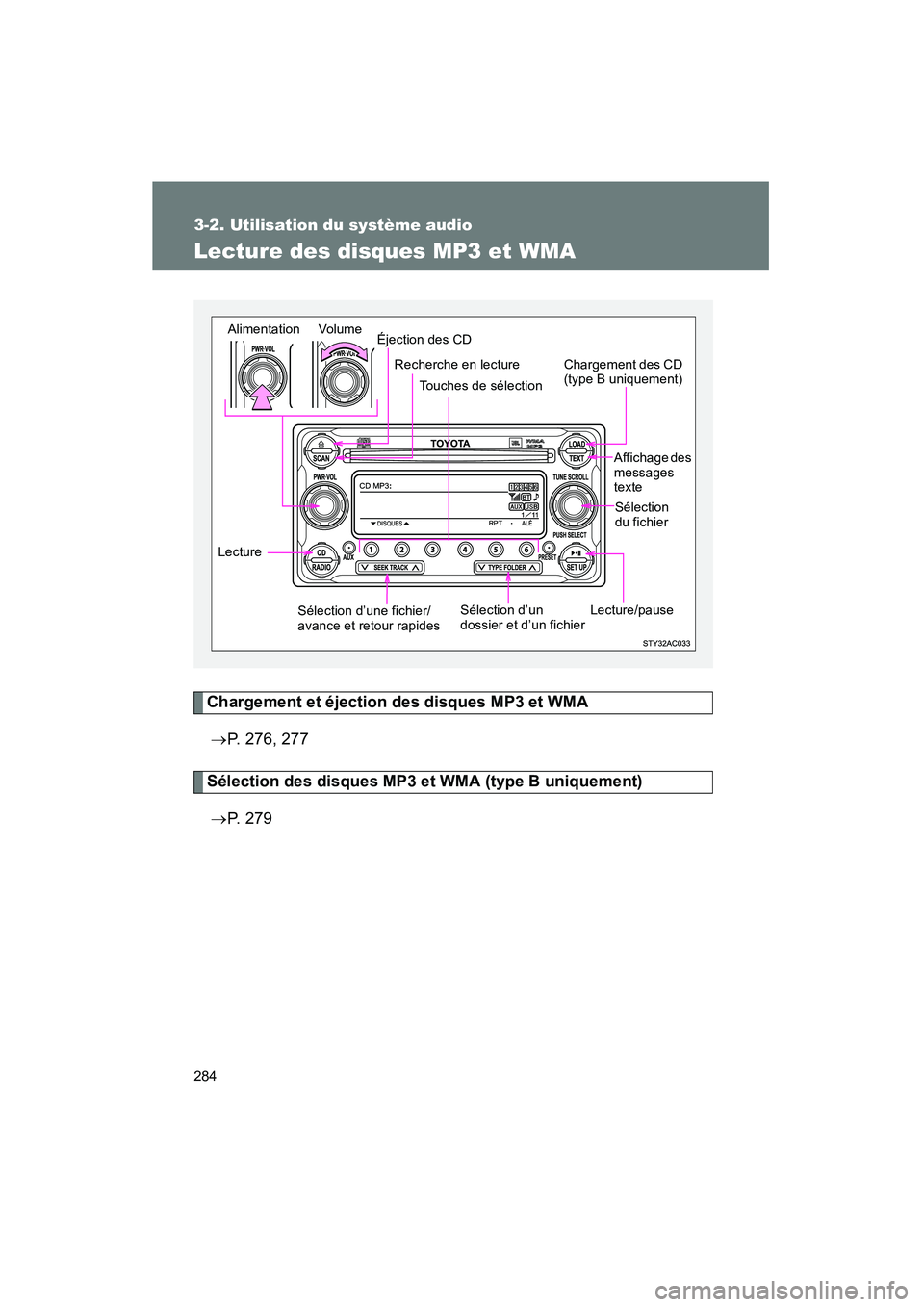TOYOTA FJ CRUISER 2014  Manuel du propriétaire (in French) 284
3-2. Utilisation du système audio
FJ CRUISER_D_(35A88D)
Lecture des disques MP3 et WMA
Chargement et éjection des disques MP3 et WMA→ P. 276, 277
Sélection des disques MP3 et WMA (type B uniq
