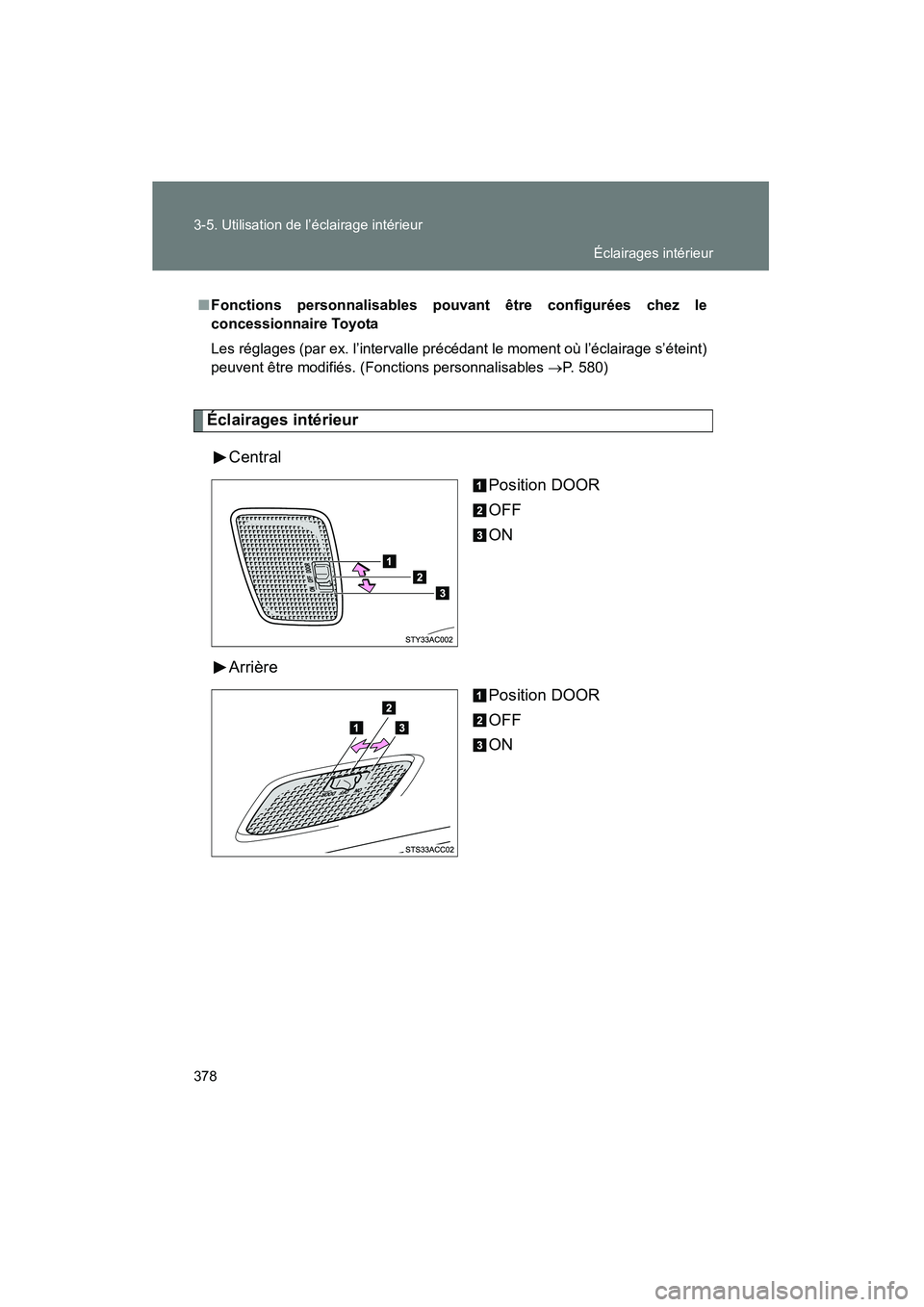 TOYOTA FJ CRUISER 2014  Manuel du propriétaire (in French) 378 3-5. Utilisation de l’éclairage intérieur
FJ CRUISER_D_(35A88D)
Éclairages intérieurCentral Position DOOR
OFF
ON
Arrière Position DOOR
OFF
ON
■Fonctions personnalisables pouvant être con