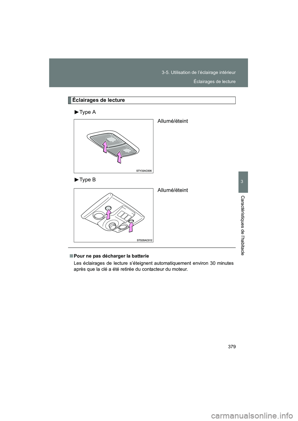 TOYOTA FJ CRUISER 2014  Manuel du propriétaire (in French) 379
3-5. Utilisation de l’éclairage intérieur
3
Caractéristiques de l’habitacle
FJ CRUISER_D_(35A88D)
Éclairages de lecture
Type A Allumé/éteint
Type B Allumé/éteint
■Pour ne pas déchar
