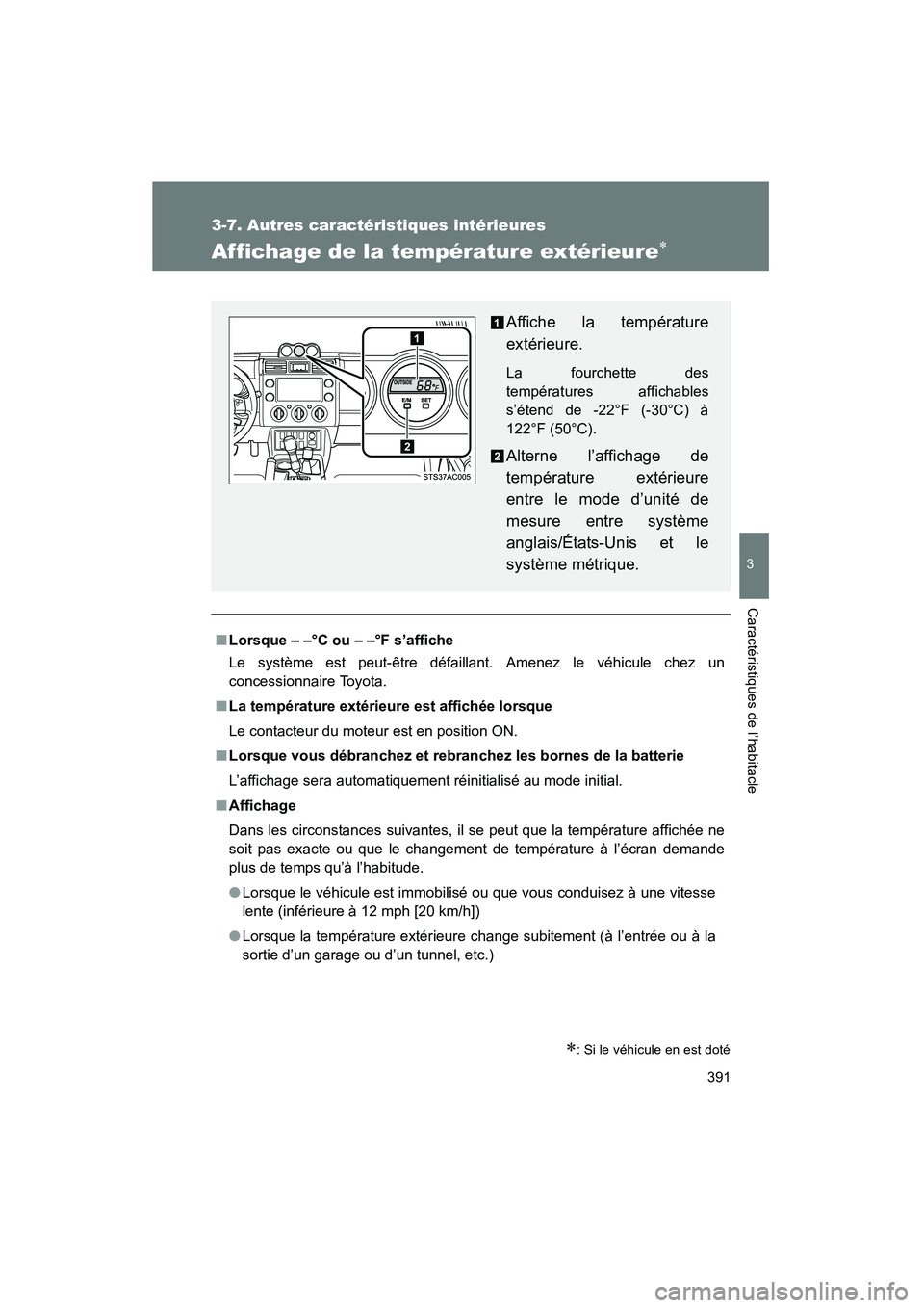 TOYOTA FJ CRUISER 2014  Manuel du propriétaire (in French) 391
3-7. Autres caractéristiques intérieures
3
Caractéristiques de l’habitacle
FJ CRUISER_D_(35A88D)
Affichage de la température extérieure∗
∗: Si le véhicule en est doté
■Lorsque – 