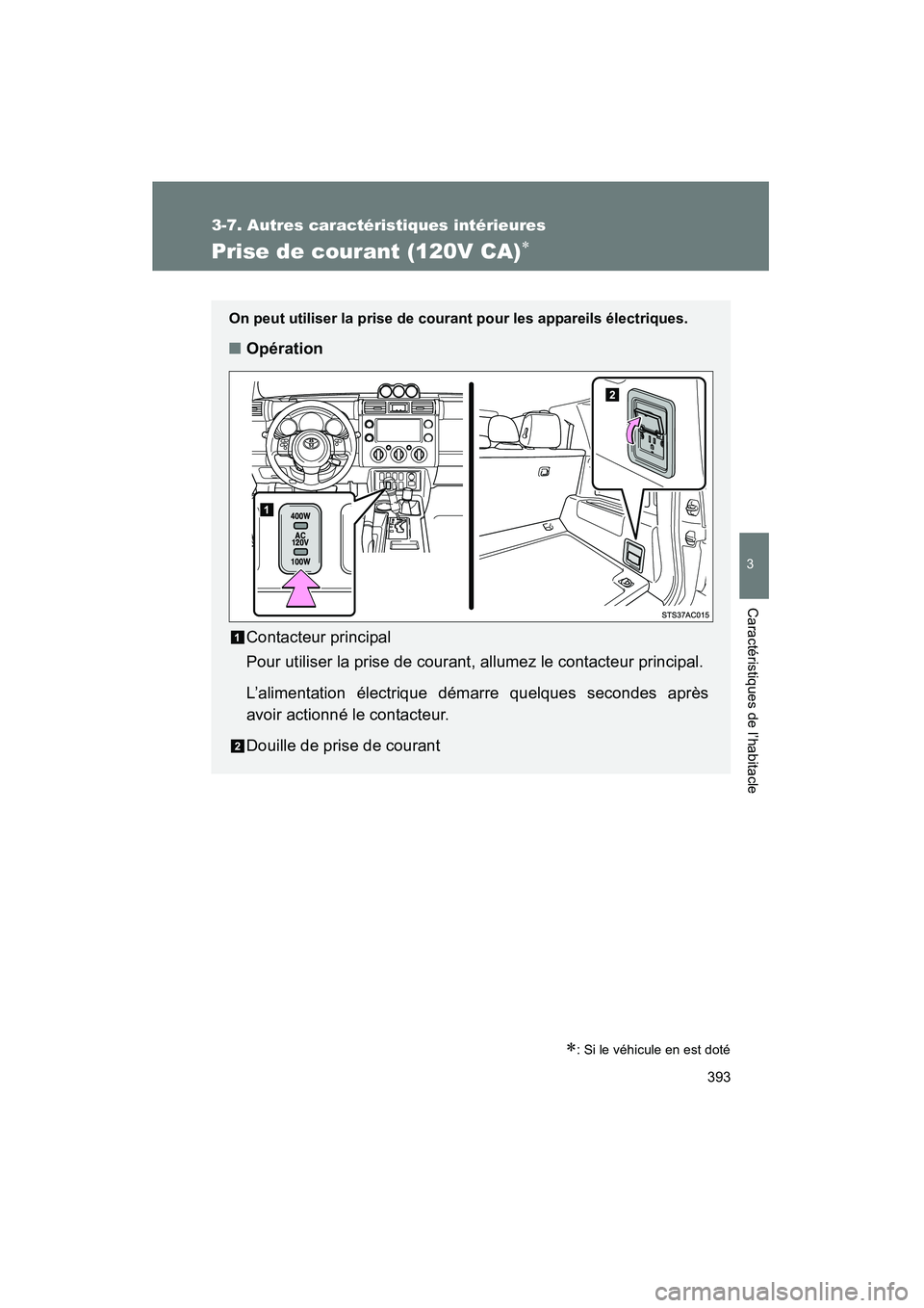 TOYOTA FJ CRUISER 2014  Manuel du propriétaire (in French) 393
3-7. Autres caractéristiques intérieures
3
Caractéristiques de l’habitacle
FJ CRUISER_D_(35A88D)
Prise de courant (120V CA)∗
∗: Si le véhicule en est doté
On peut utiliser la prise de c