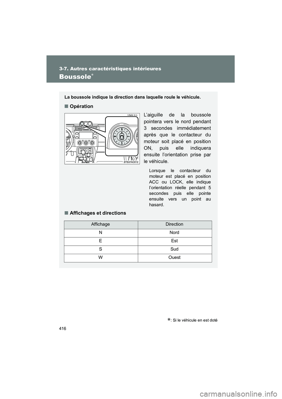 TOYOTA FJ CRUISER 2014  Manuel du propriétaire (in French) 416
3-7. Autres caractéristiques intérieures
FJ CRUISER_D_(35A88D)
Boussole∗
∗: Si le véhicule en est doté
La boussole indique la direction dans laquelle roule le véhicule.
■Opération
L’