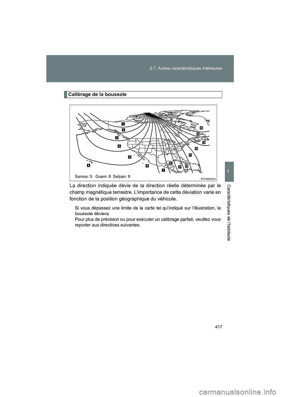 TOYOTA FJ CRUISER 2014  Manuel du propriétaire (in French) 417
3-7. Autres caractéristiques intérieures
3
Caractéristiques de l’habitacle
FJ CRUISER_D_(35A88D)
Calibrage de la boussole
La direction indiquée dévie de la direction réelle déterminée pa