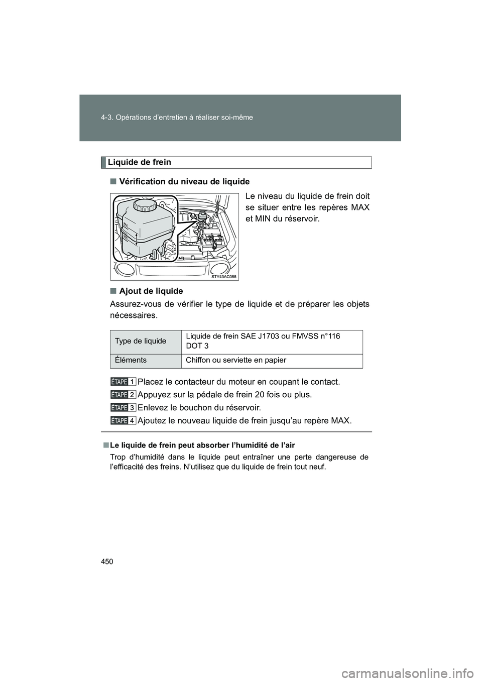 TOYOTA FJ CRUISER 2014  Manuel du propriétaire (in French) 450 4-3. Opérations d’entretien à réaliser soi-même
FJ CRUISER_D_(35A88D)
Liquide de frein■ Vérification du niveau de liquide
Le niveau du liquide de frein doit
se situer entre les repères M