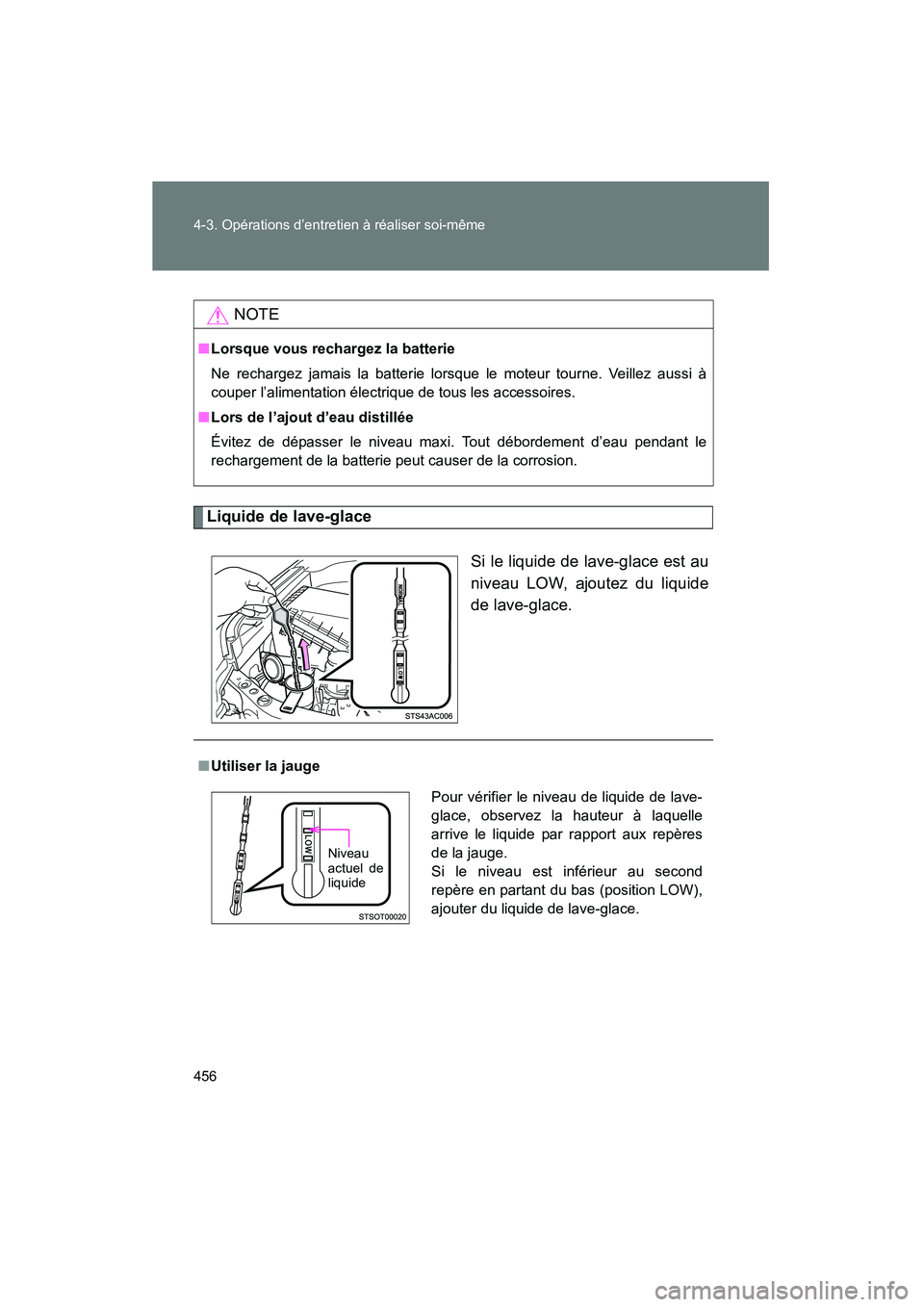 TOYOTA FJ CRUISER 2014  Manuel du propriétaire (in French) 456 4-3. Opérations d’entretien à réaliser soi-même
FJ CRUISER_D_(35A88D)
Liquide de lave-glaceSi le liquide de lave-glace est au
niveau LOW, ajoutez du liquide
de lave-glace.
NOTE
■Lorsque vo
