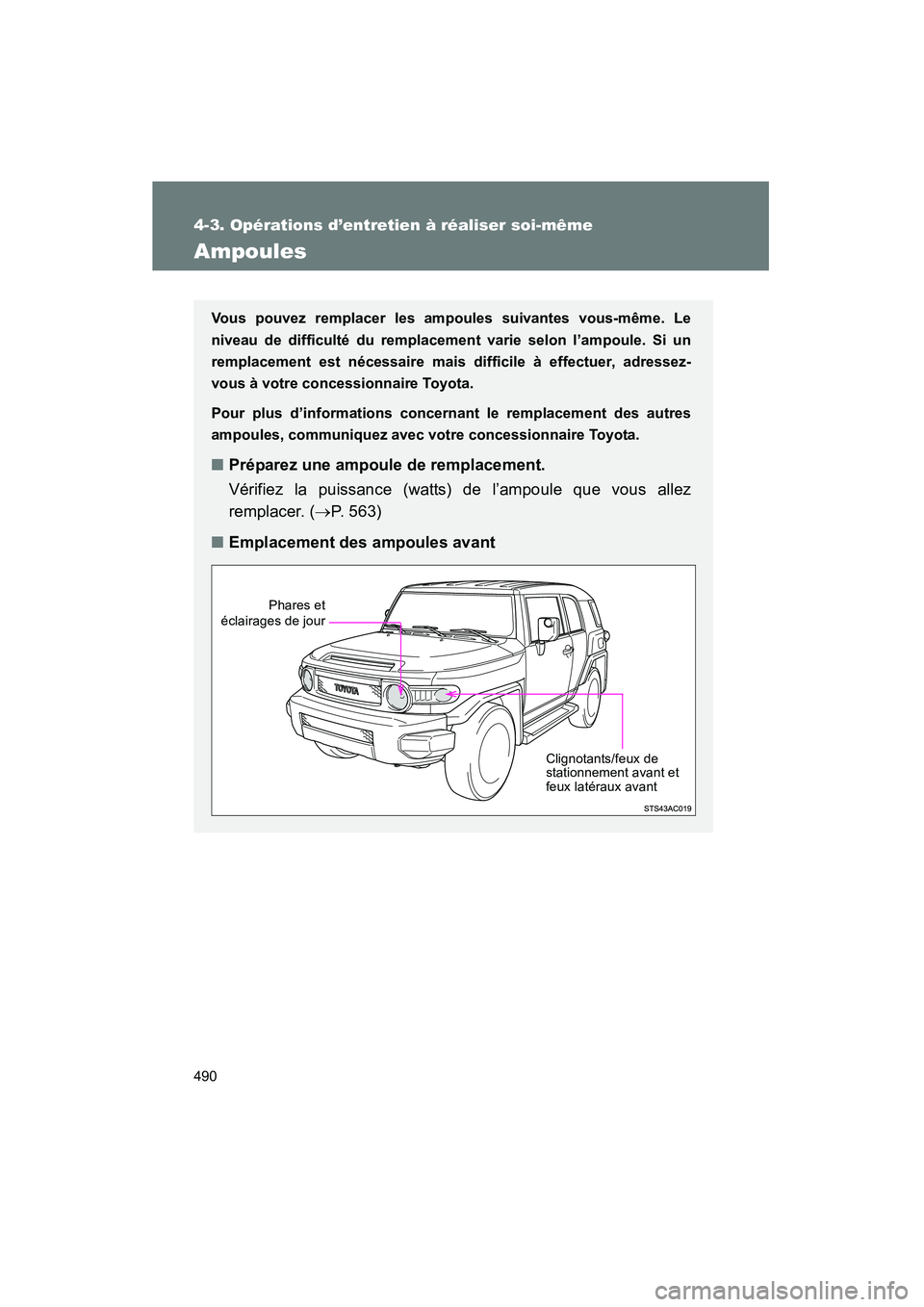 TOYOTA FJ CRUISER 2014  Manuel du propriétaire (in French) 490
4-3. Opérations d’entretien à réaliser soi-même
FJ CRUISER_D_(35A88D)
Ampoules
Vous pouvez remplacer les ampoules suivantes vous-même. Le
niveau de difficulté du remplacement varie selon l