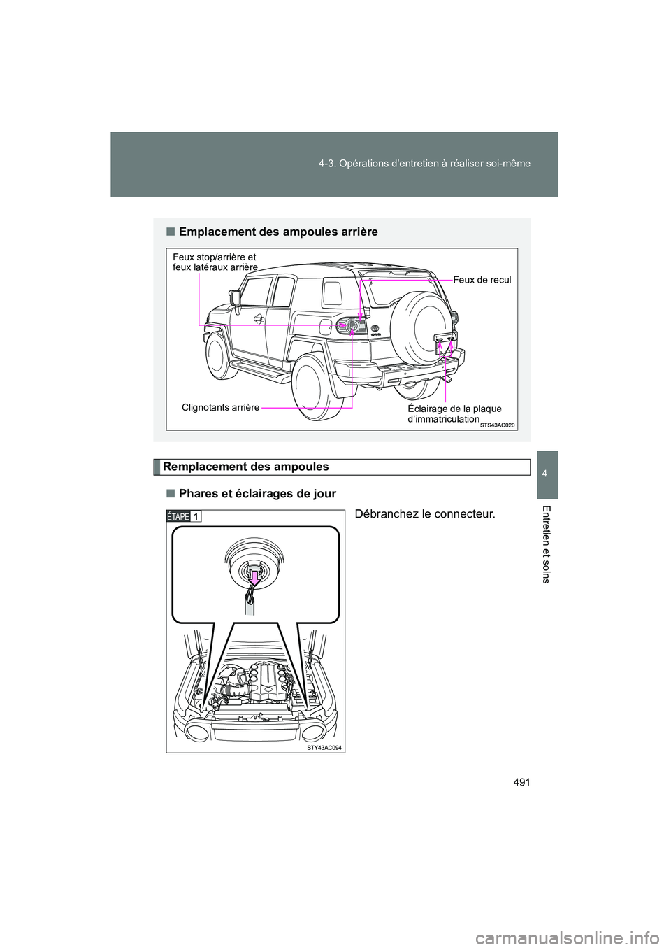 TOYOTA FJ CRUISER 2014  Manuel du propriétaire (in French) 491
4-3. Opérations d’entretien à réaliser soi-même
4
Entretien et soins
FJ CRUISER_D_(35A88D)
Remplacement des ampoules
■ Phares et éclairages de jour
Débranchez le connecteur.
■Emplaceme